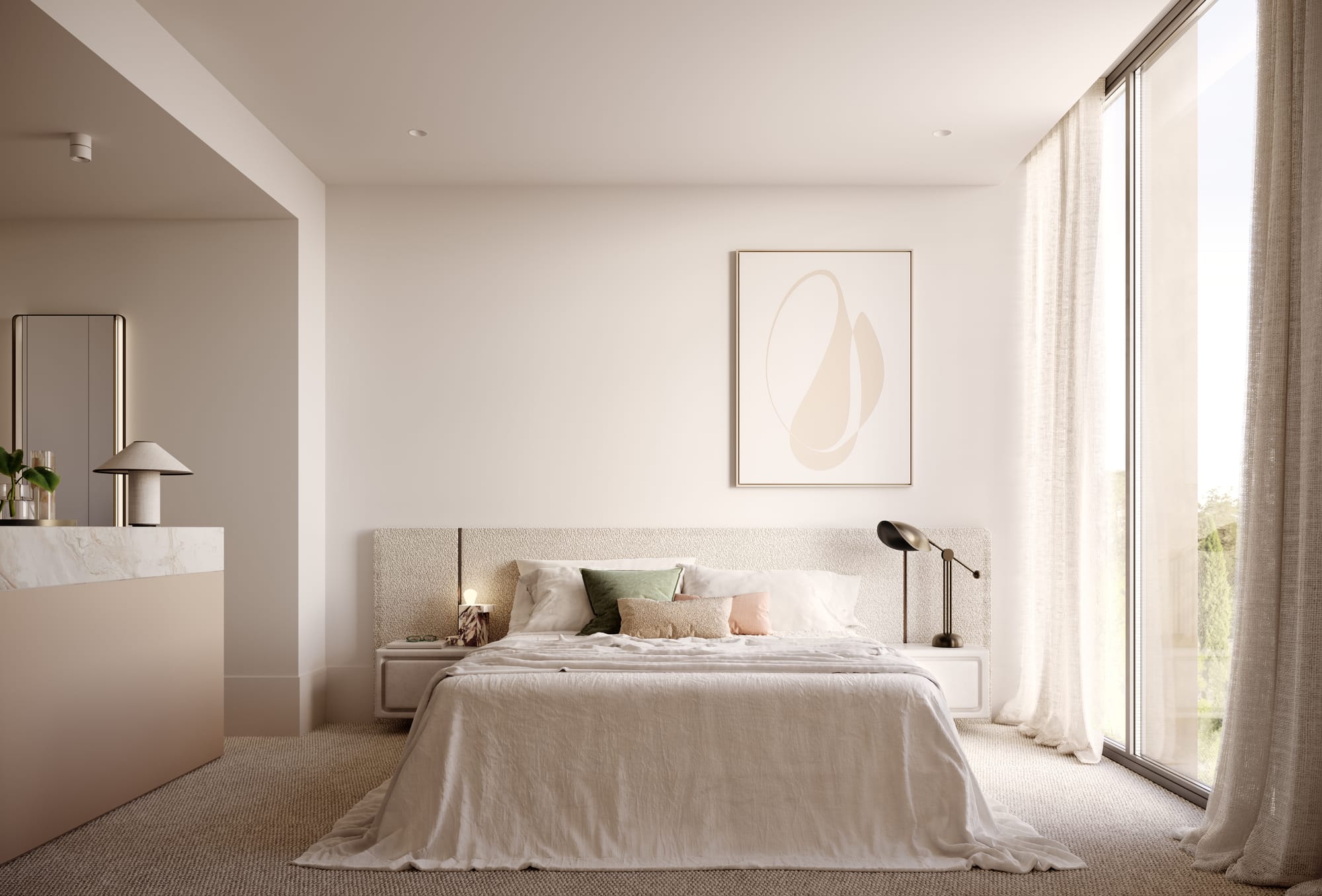 Sculpt Hawthorn by Mim Design, Parallel Workshop and Jack Merlo. Render by Studio Piper.  Bedroom with floor-to-ceiling windows, large bed and beige carpets. Built-in upholstered bedhead. Partition wall topped with marble to the left. 