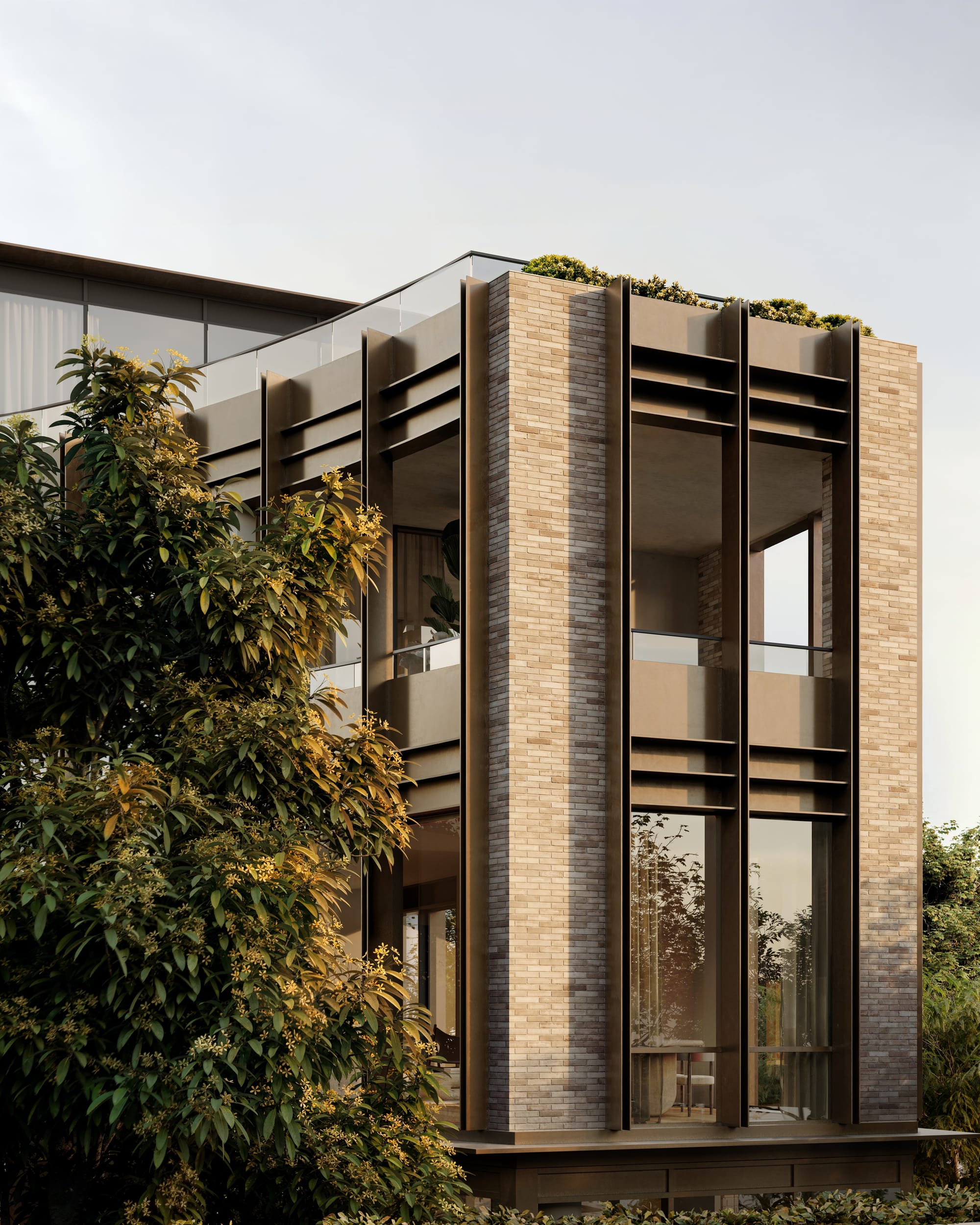 Sculpt Hawthorn by Mim Design, Parallel Workshop and Jack Merlo. Render copyright of Studio Piper. Facade of brick apartment block with floor-to-ceiling window accents. Rooftop garden. 