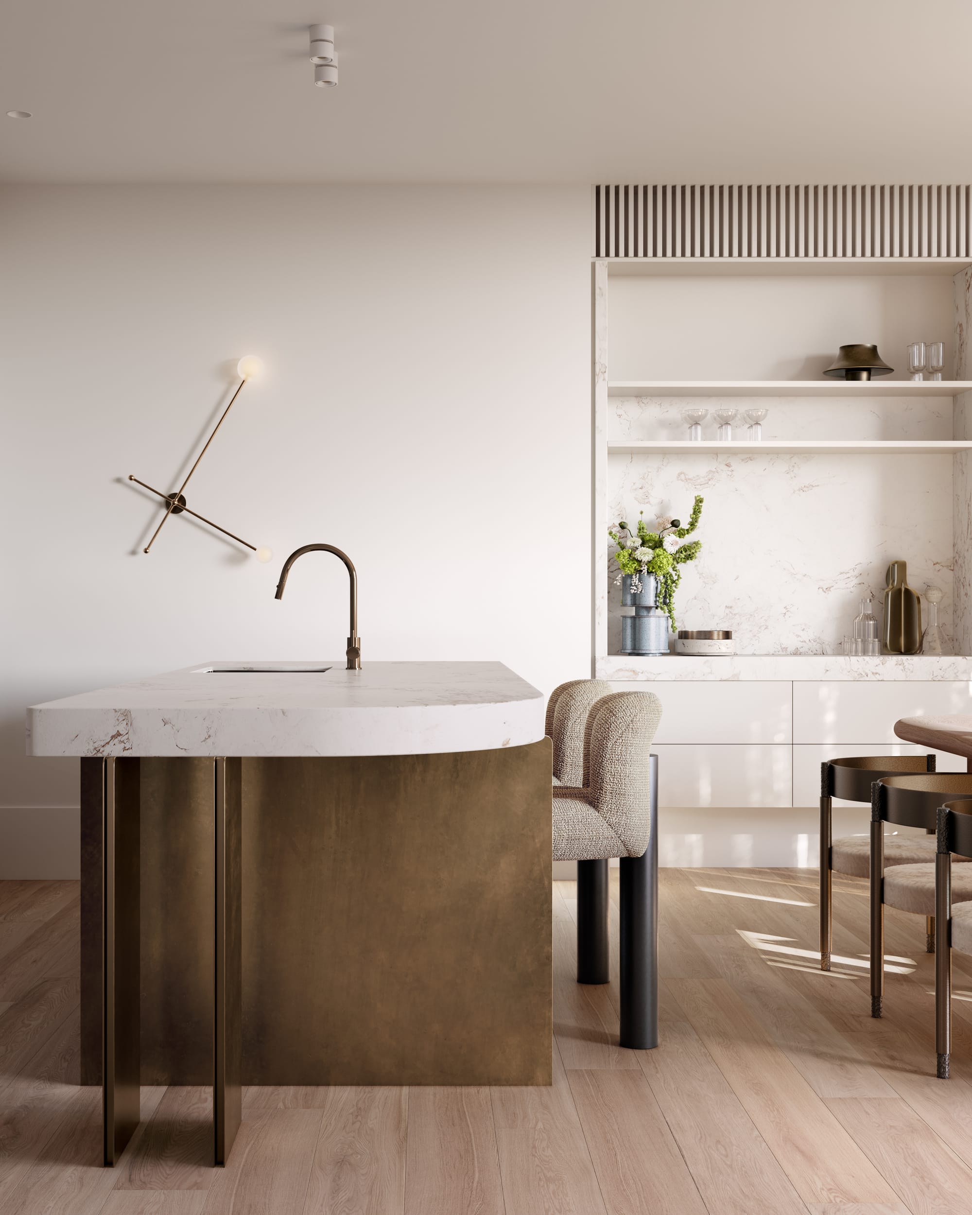 Sculpt Hawthorn by Mim Design, Parallel Workshop and Jack Merlo. Render copyright of Studio Piper. Kitchen with timber floors and stone and brass kitchen island. White and stone bar. White and black island stools. 