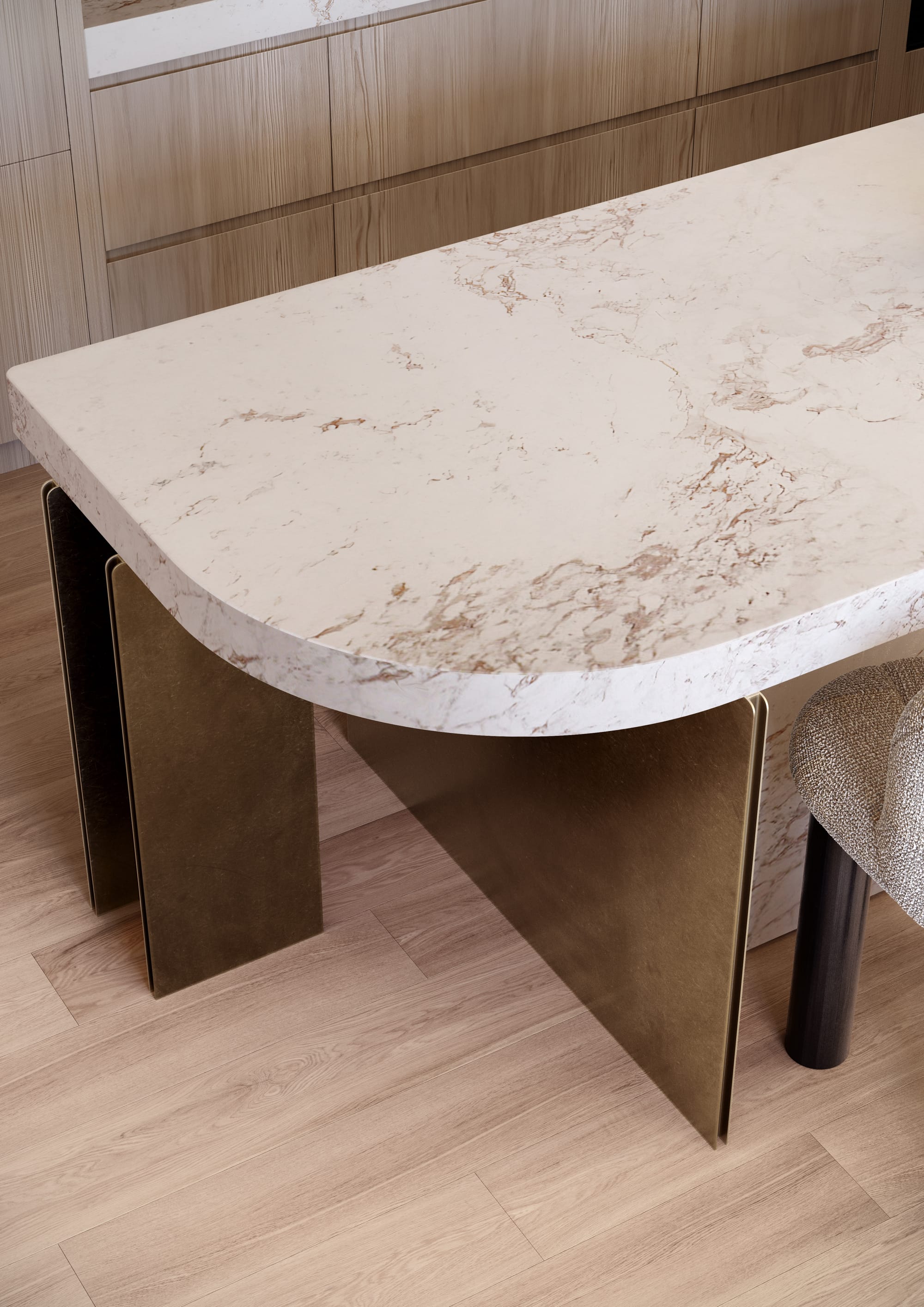 Sculpt Hawthorn by Mim Design, Parallel Workshop and Jack Merlo. Render copyright of Studio Piper. Close up of kitchen benchtop. Marble countertop with brass accent legs. Timber floors and cabinetry in background. 