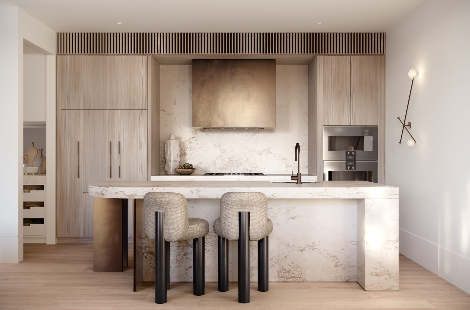 Sculpt Hawthorn by Mim Design, Parallel Workshop and Jack Merlo. Render copyright of Studio Piper. Kitchen with stone island bench and splashback. Brass accents and timber cabinetry. Timber floors. White and black bar stools. 
