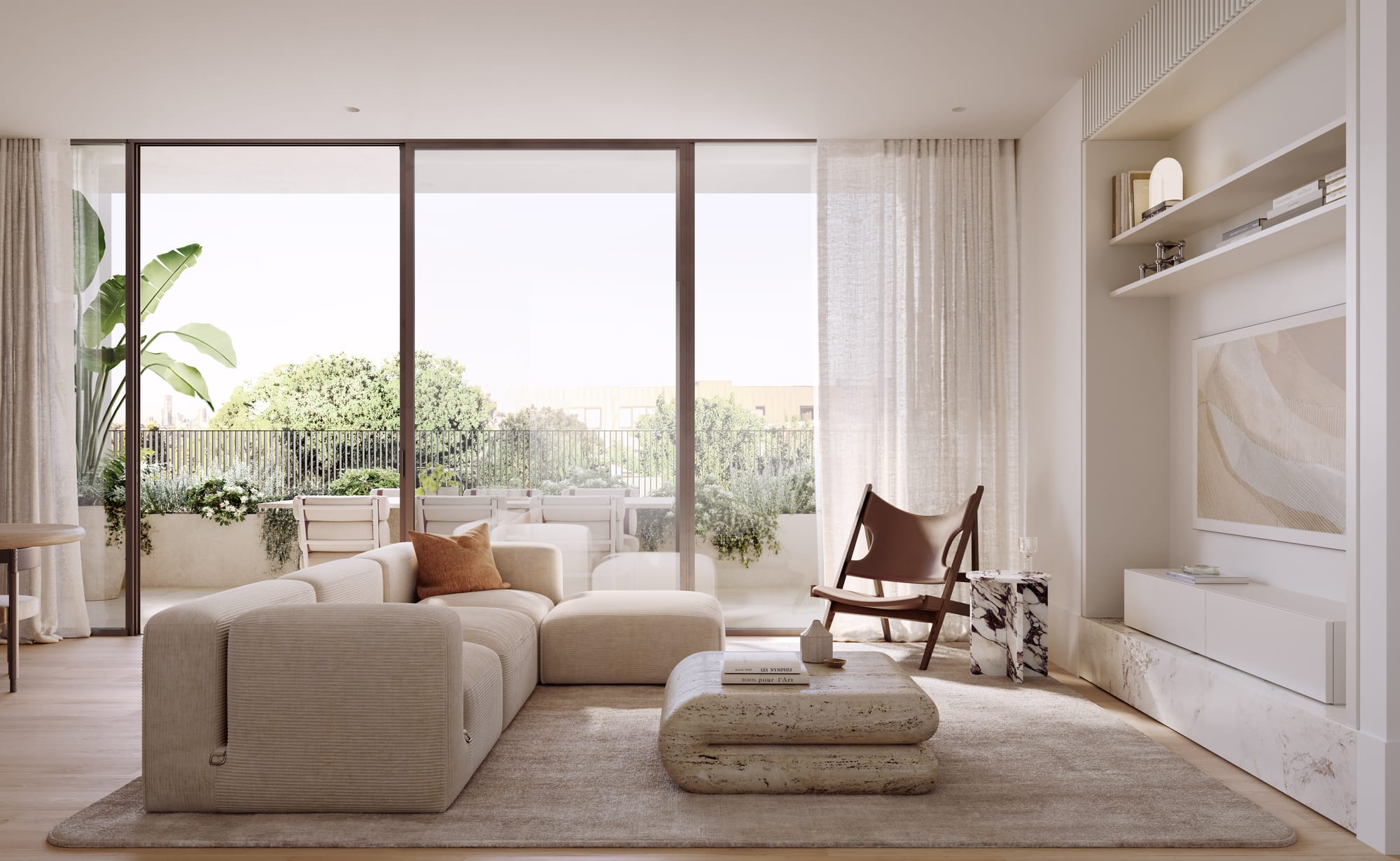 Sculpt Hawthorn by Mim Design, Parallel Workshop and Jack Merlo. Render copyright of Studio Piper. Living space with timber floors, neutral rug and furniture. Floor-to-ceiling windows. 