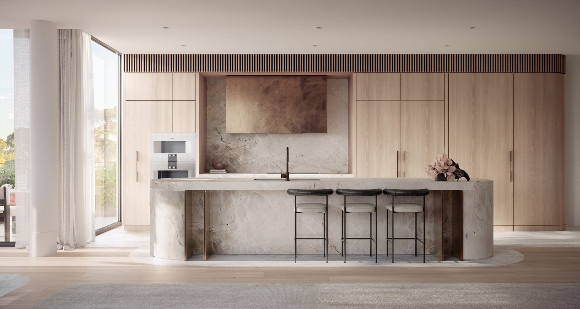 Sculpt Hawthorn by Mim Design, Parallel Workshop and Jack Merlo. Render copyright of Studio Piper. Kitchen with large stone island bench. Timber cabinetry and flooring. Black metal bar stools. 