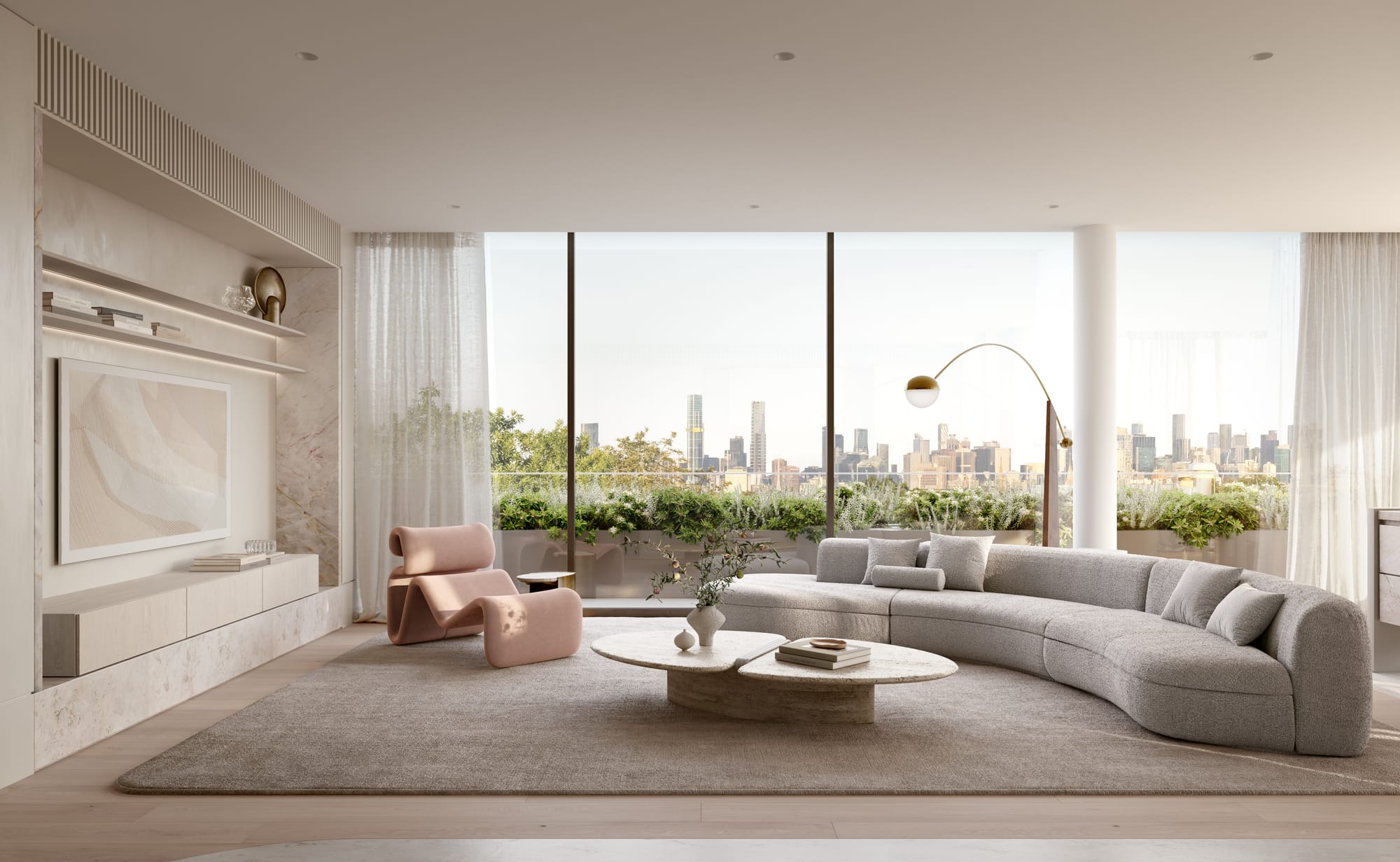Sculpt Hawthorn by Mim Design, Parallel Workshop and Jack Merlo. Render copyright of Studio Piper. Large living space in penthouse with floor-to-ceiling windows overlooking city views. Timber floors, stone coffee table and grey curved couch. 