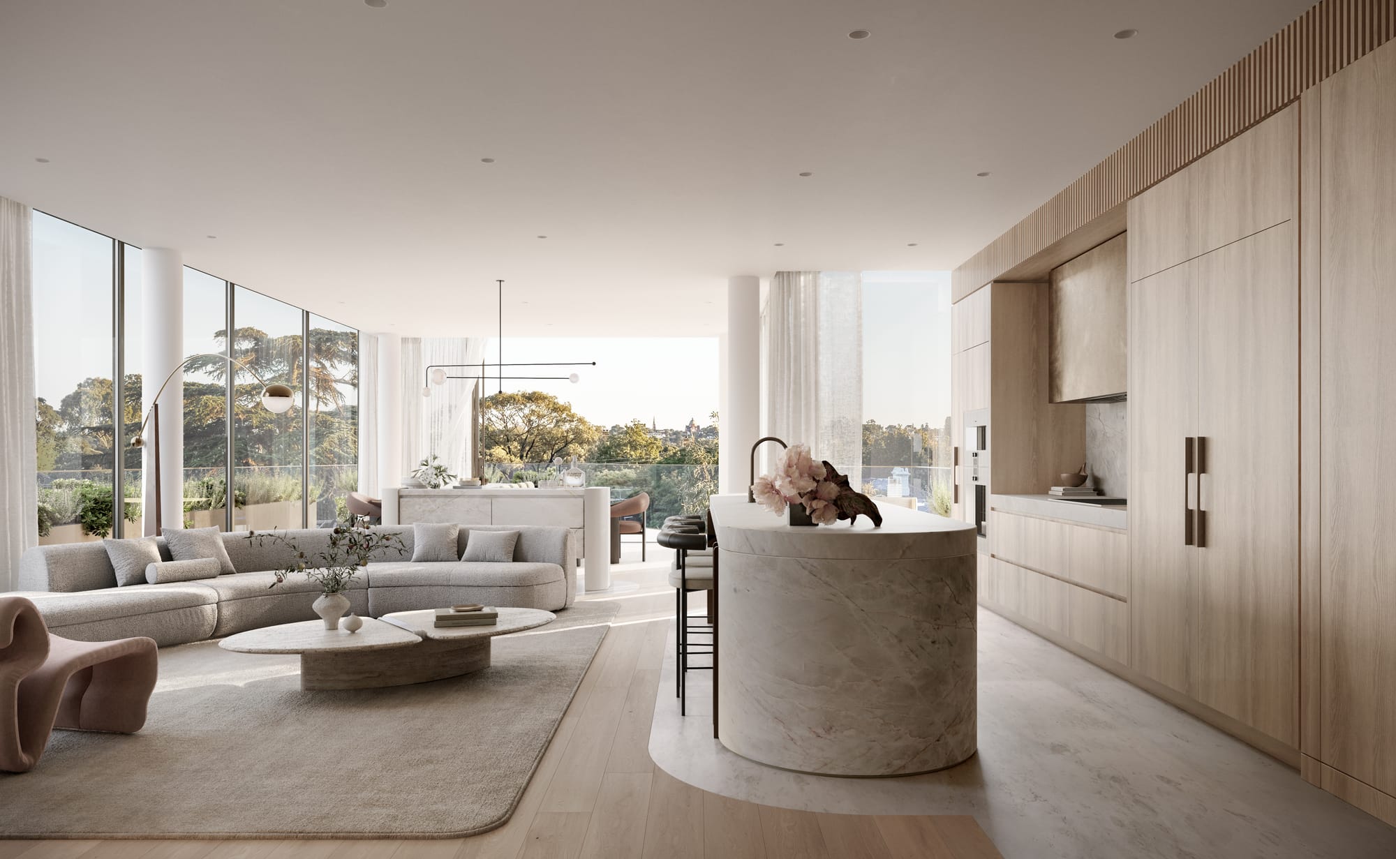 Sculpt Hawthorn by Mim Design, Parallel Workshop and Jack Merlo. Render copyright of Studio Piper. Open plan living kitchen, living and dining room. Floor-to-ceiling views. Timber floors. 