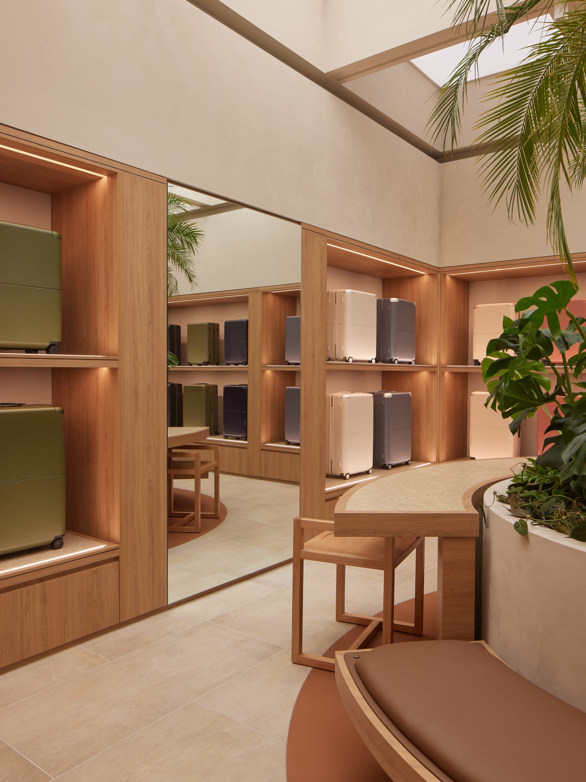 An interior shot of the July store in the Calile Hotel showing the timber, leather and stone materials
