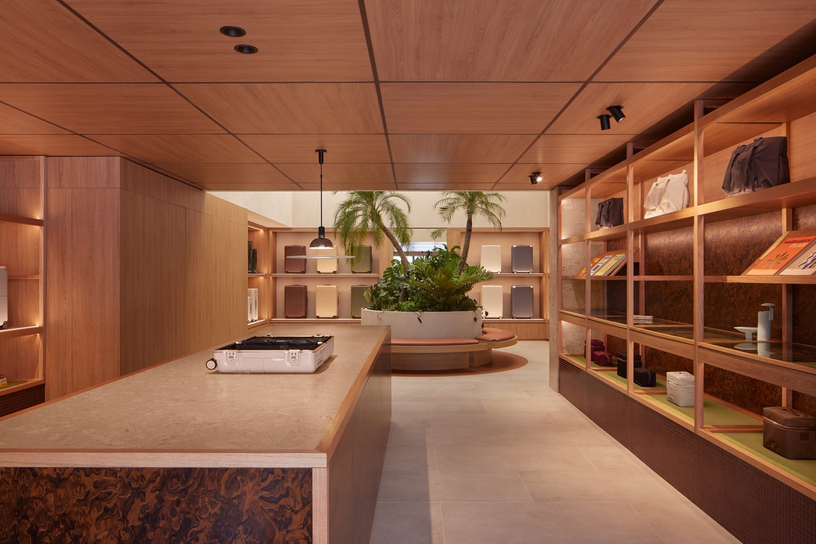 July Store by Acre. Photography by Cieran Murphy. Retail store with timber veneer ceiling and shelving on wall walls. Timber and stone island bench. Large circle planter in back of store. 