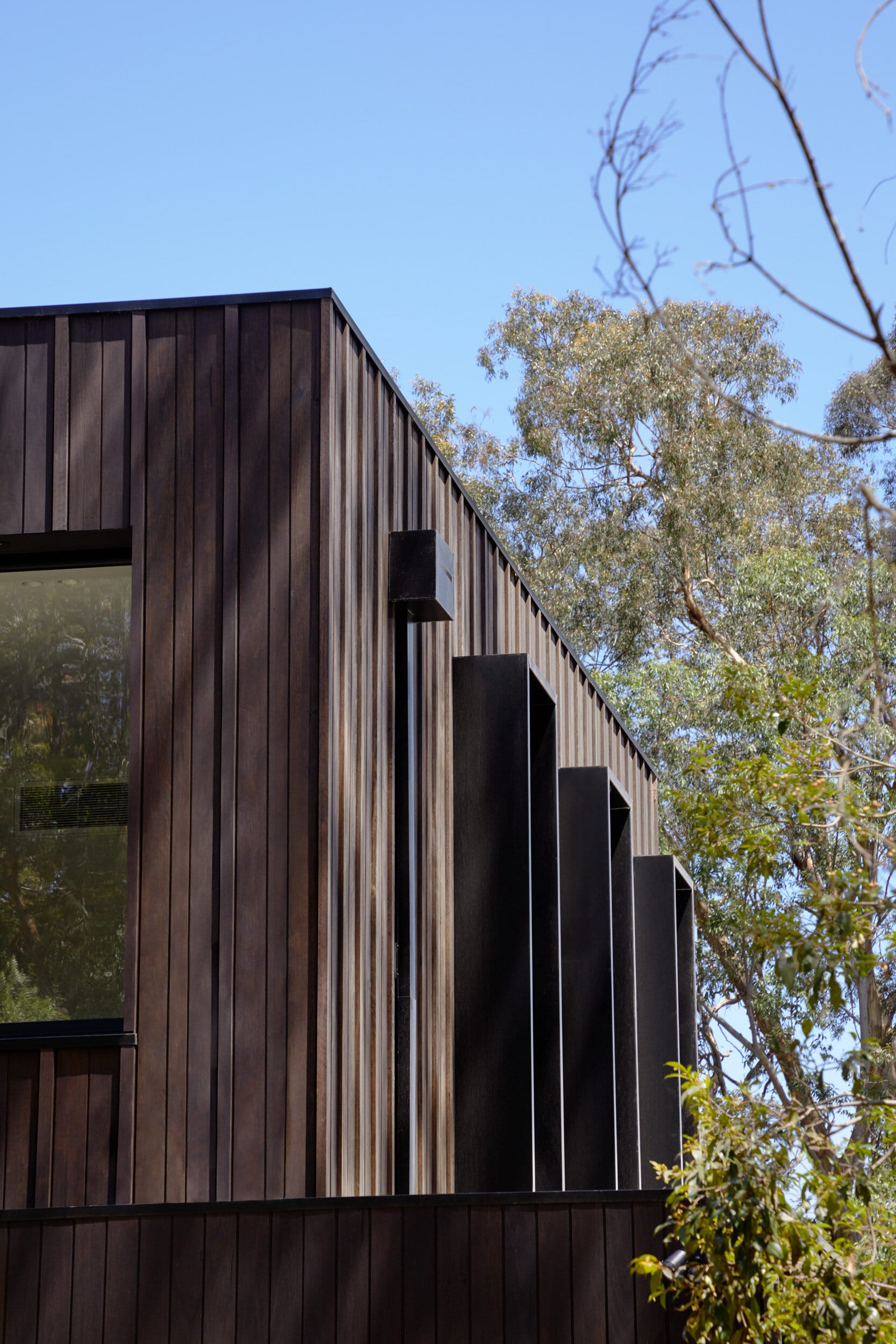 Laurel Grove by Kirsten Johnstone Architecture. Photography by Tatjana Plitt. Close up of second storey of black timber clad home. Three black framed windows extend outwards from facade. 