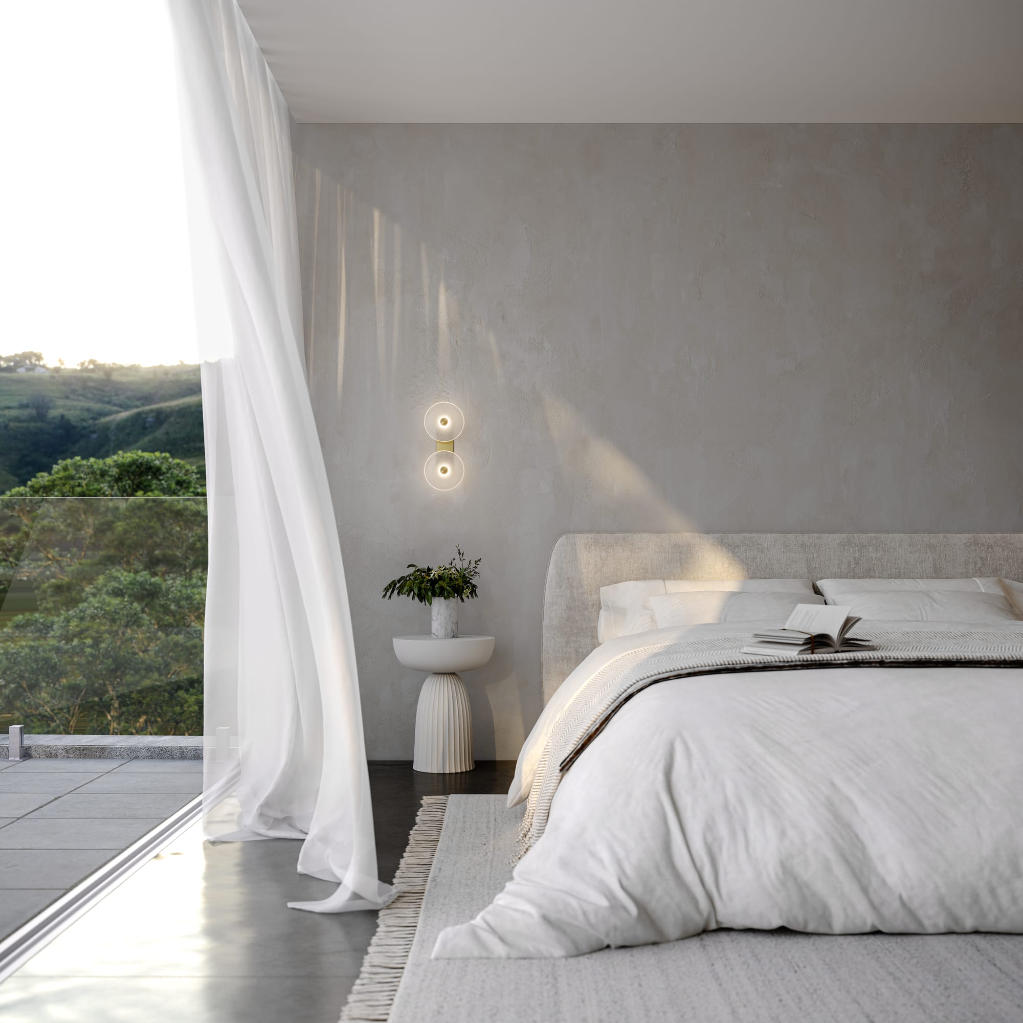 Coral Duo Wall Light by SOKTAS. Copyright of SOKTAS. Glass and old wall sconce in bedroom. Neutral bedding and furnishings. 