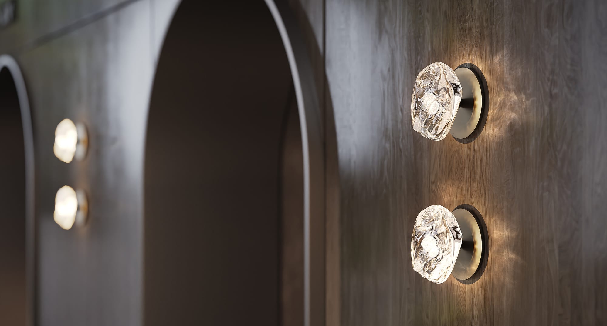 FLO Round Wall Light by SOKTAS. Copyright of SOKTAS. Close up of organically shaped wall sconces made of glass, mounted on dark timber wall. 