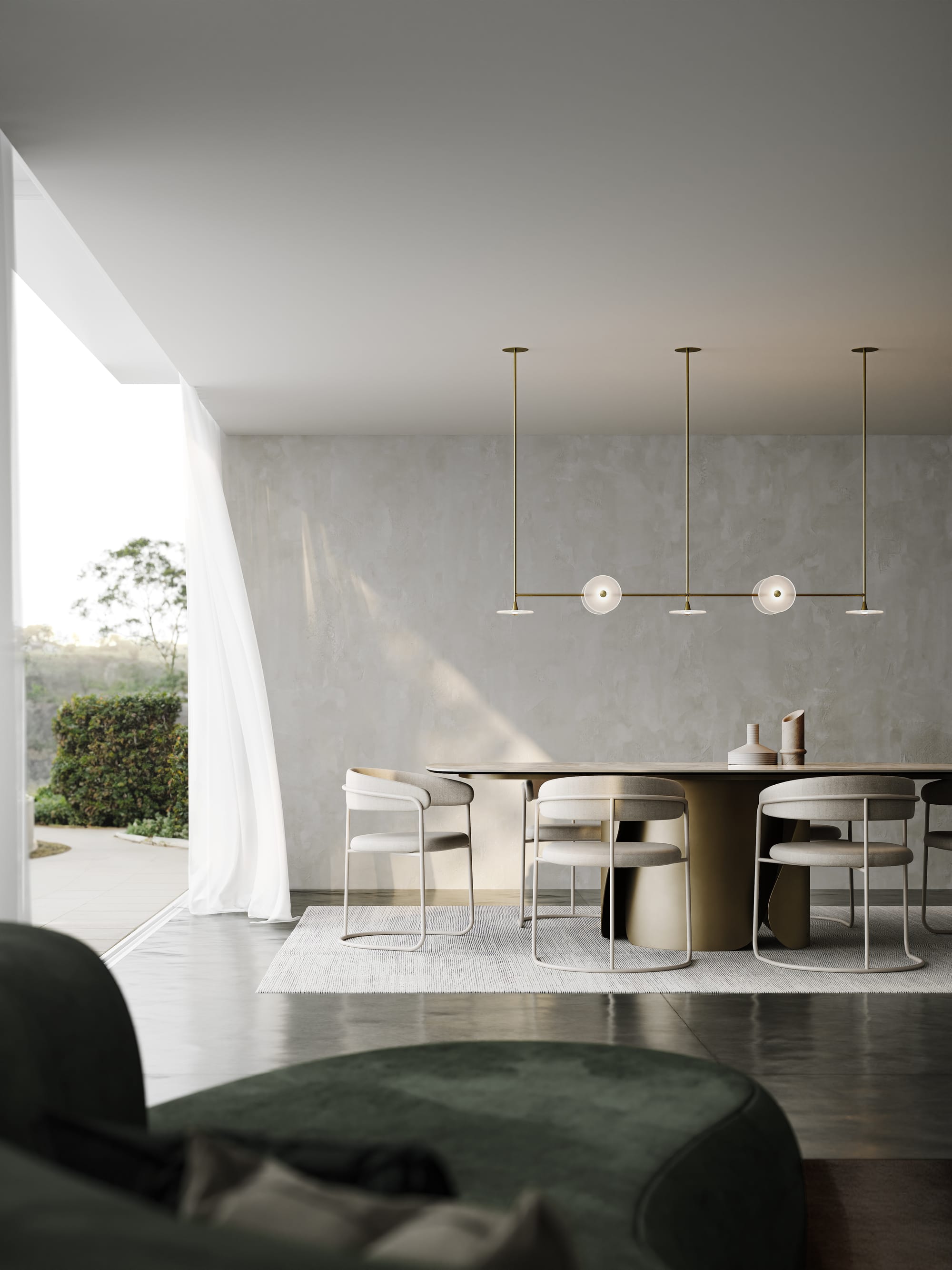 Coral Linear Rod 7 Pendant Light by SOKTAS. Copyright of SOKTAS. Simple linear pendant light hanging above abstract gold dining table with simple white chairs. 