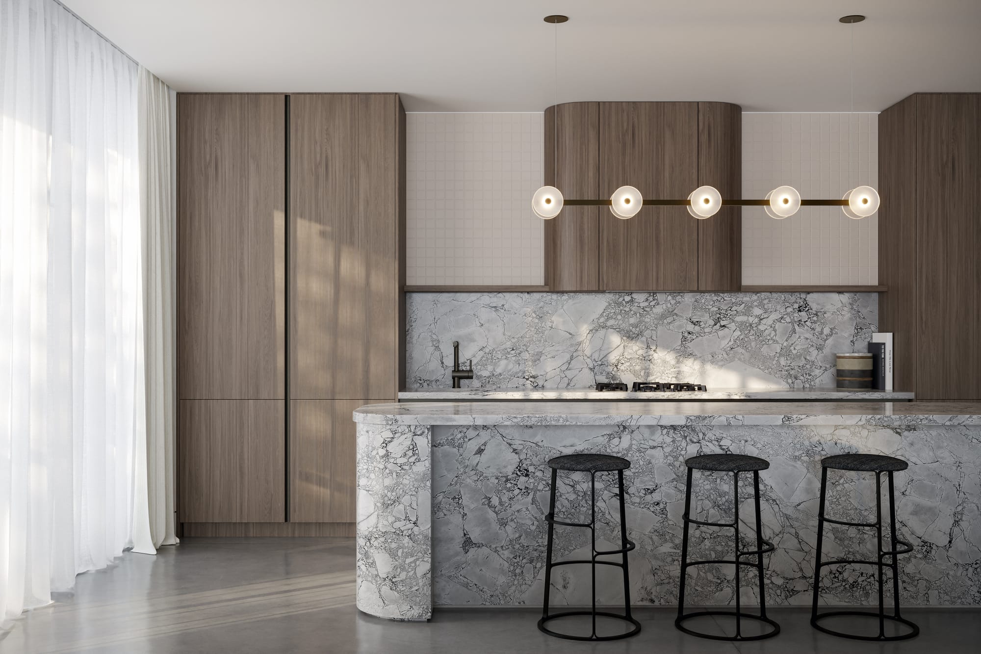 Coral Linear Bar Pendant Light by SOKTAS. Copyright of SOKTAS. Linear pendant light with ring lights hanging above marble island benchtop.