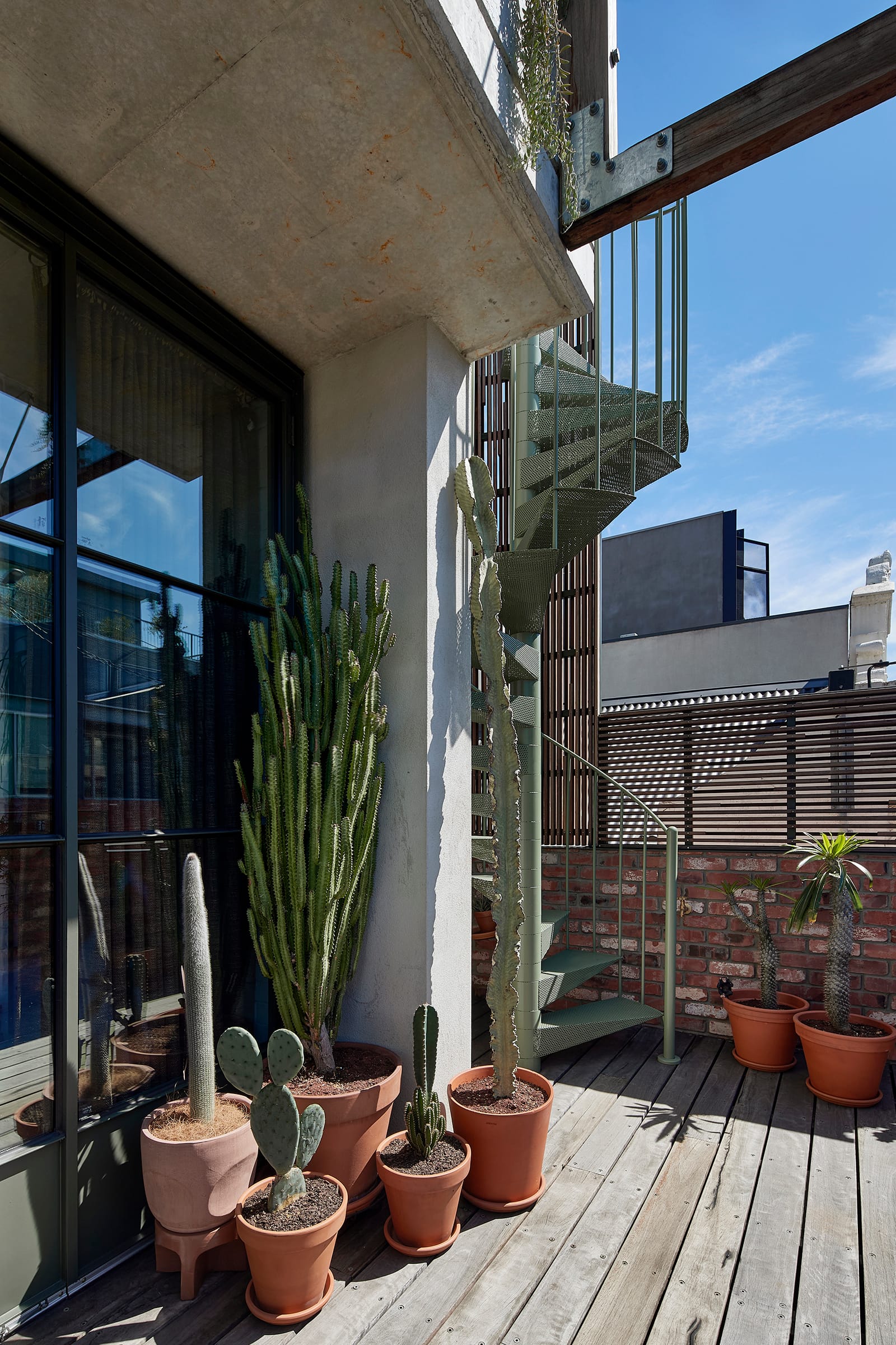 Fabrica by mcmahon and nerlich. Photography by Shannon McGrath. Outdoor terrace with weathered timber floors and arrangement of cactus pots. Green metal staircase in background leading to above level. Red brick wall.