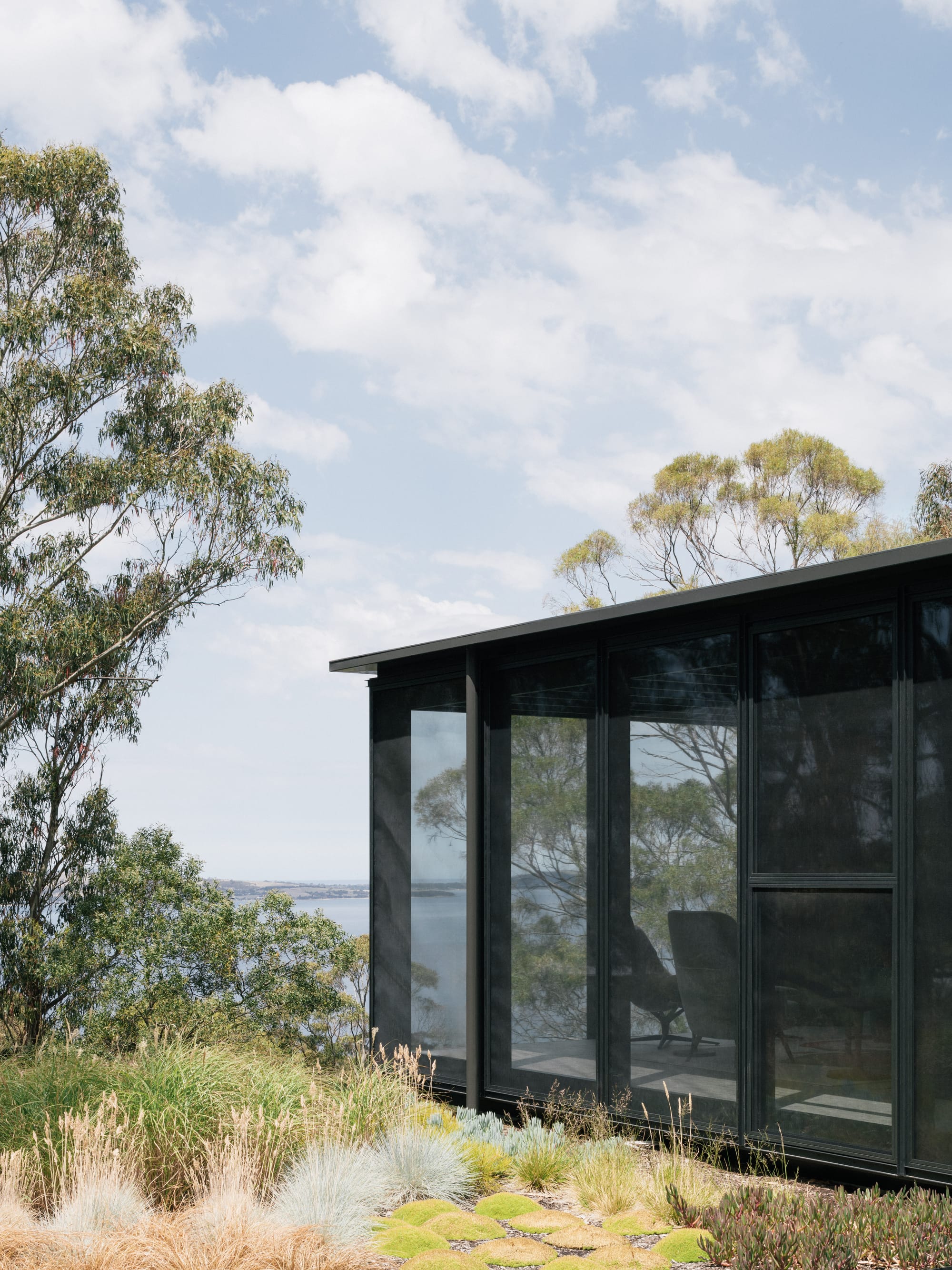 Taroona House by Archier. Photography by Thurston Empson. Black and glass living space surrounded by native plant life and overlooking water.
