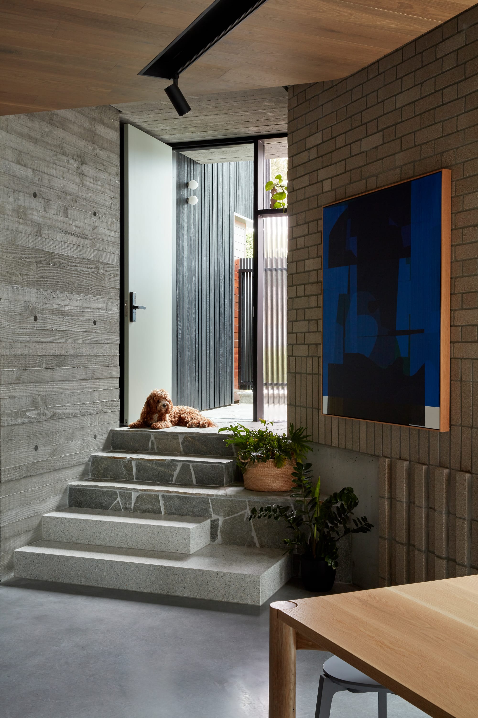 Uxbridge House by Tim Stewart Architects. Photography by Christopher Frederick Jones. Concrete and stone steps leading down from front door to sunken polished concrete floor. Brick and concrete walls. 