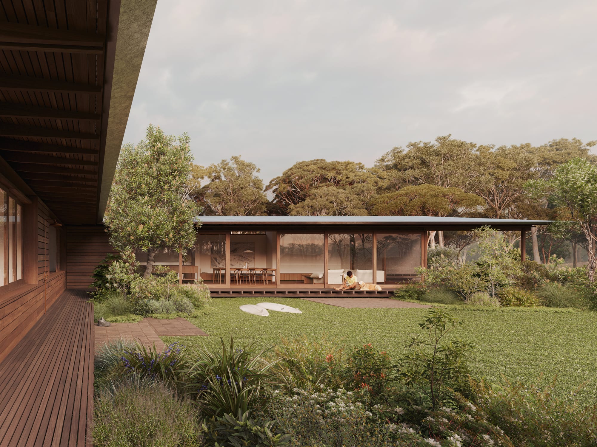 Corymbia House. Renders copyright of CHOIRENDER. Pavillion home with timber decking and grass garden. Native Australian trees in background.