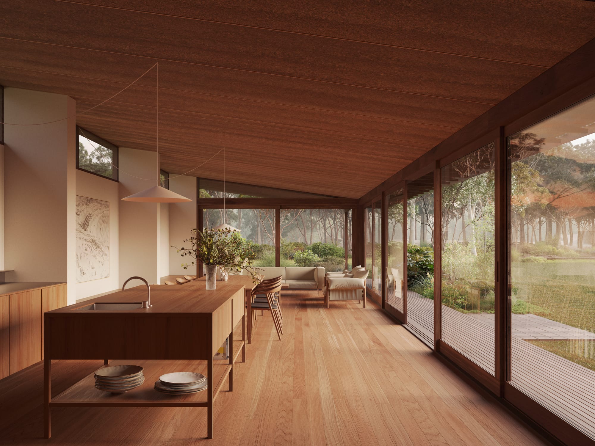 Corymbia House. Renders copyright of CHOIRENDER. Pavilion home with angled timber veneer ceiling. Timber flooring and kitchen. Windows overlooking green grass and gardens.