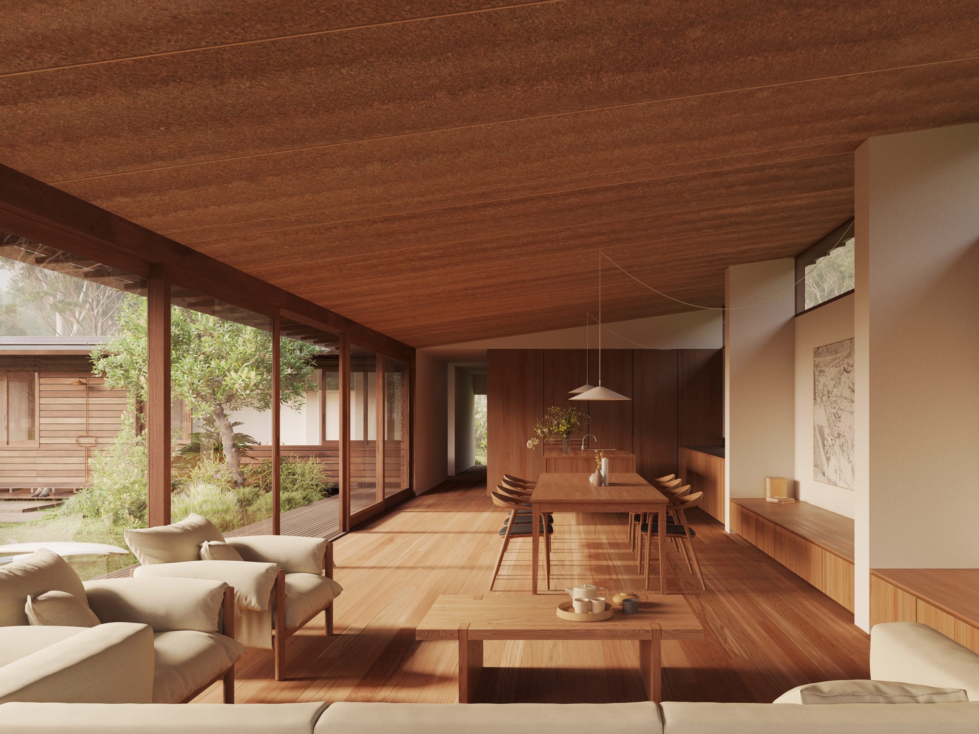 Corymbia House. Renders copyright of CHOIRENDER. Open plan living and dining space with angled timber veneer ceiling and timber floors. Full length sliding windows and windows open onto timber verandah and garden.