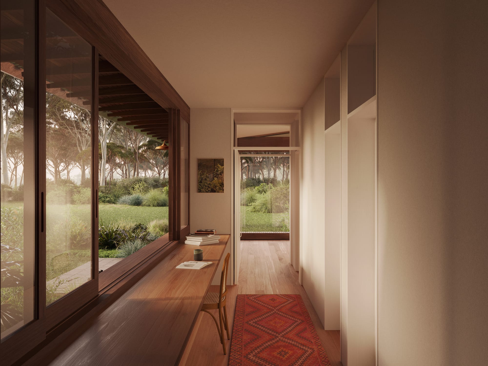 Corymbia House. Renders copyright of CHOIRENDER. Hallway with timber floors and timber desk running length of wall, looking onto garden and grass. White walls and floor-to-ceiling windows at end of hall.