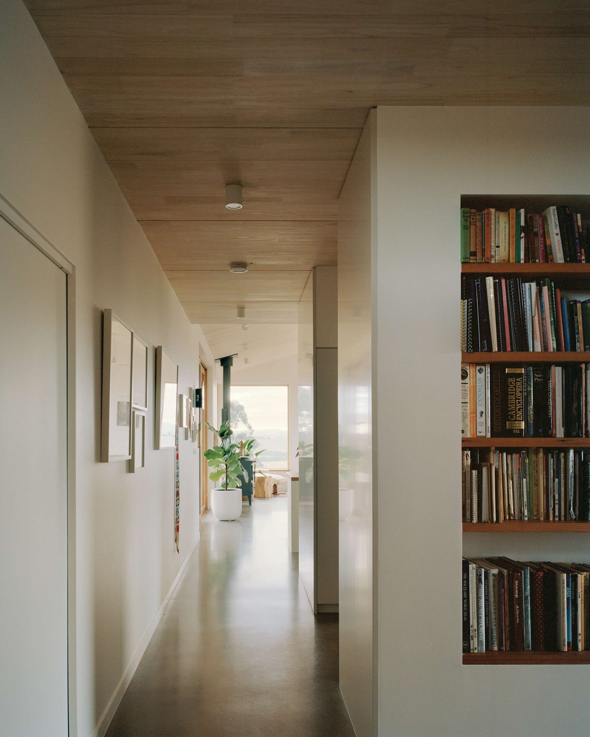 Heather's Off-Grid House by Gardiner Architects. Photography by Rory Gardiner. Hallway with polished concrete floors and tall white walls with timber ceiling. Integrated timber bookcase to right of hallway in foreground. 