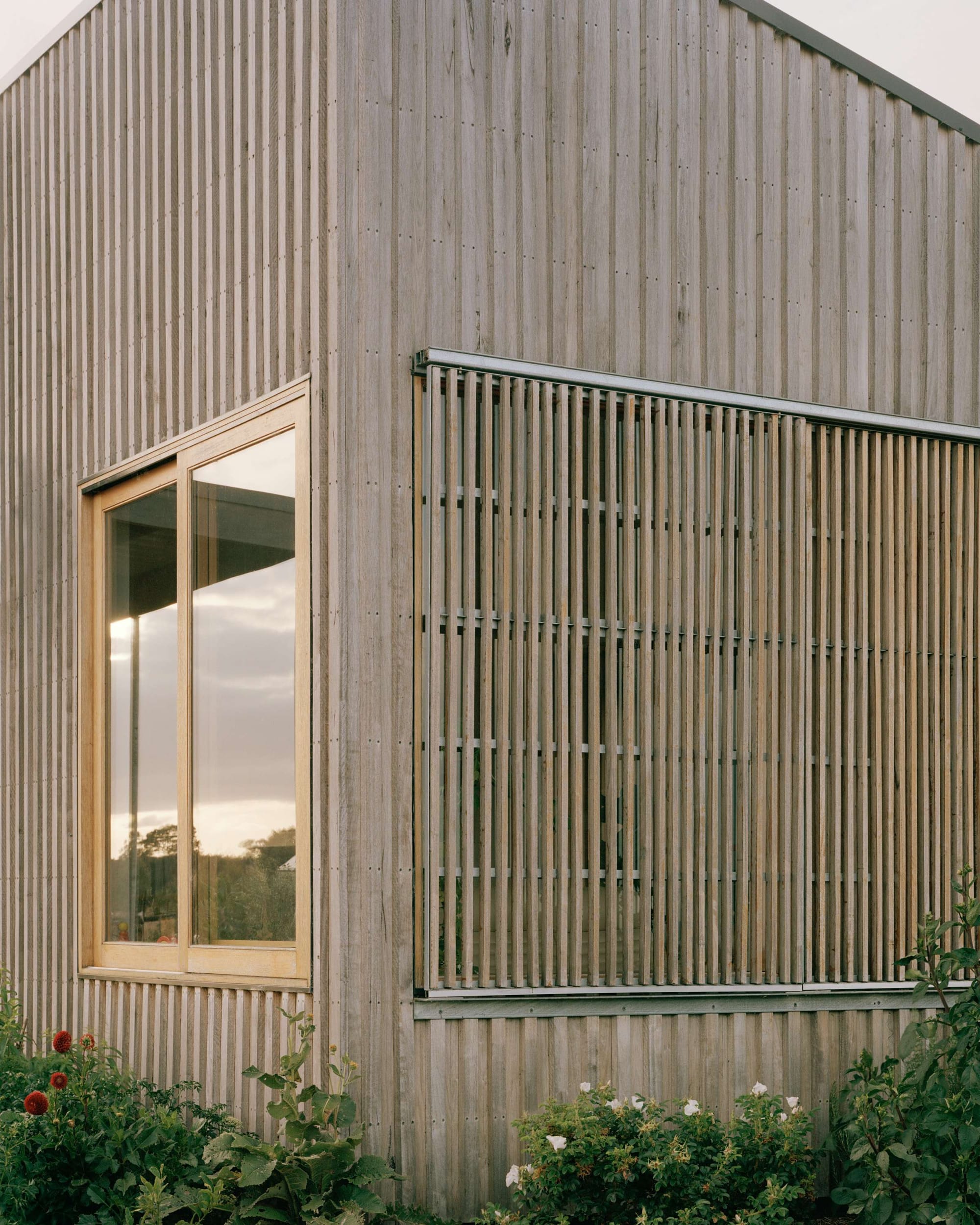 Heather's Off-Grid House by Gardiner Architects. Photography by Rory Gardiner. Rear corner of timber clad home in weathered finish with external cladding over windows. Garden beds at foot of walls. 