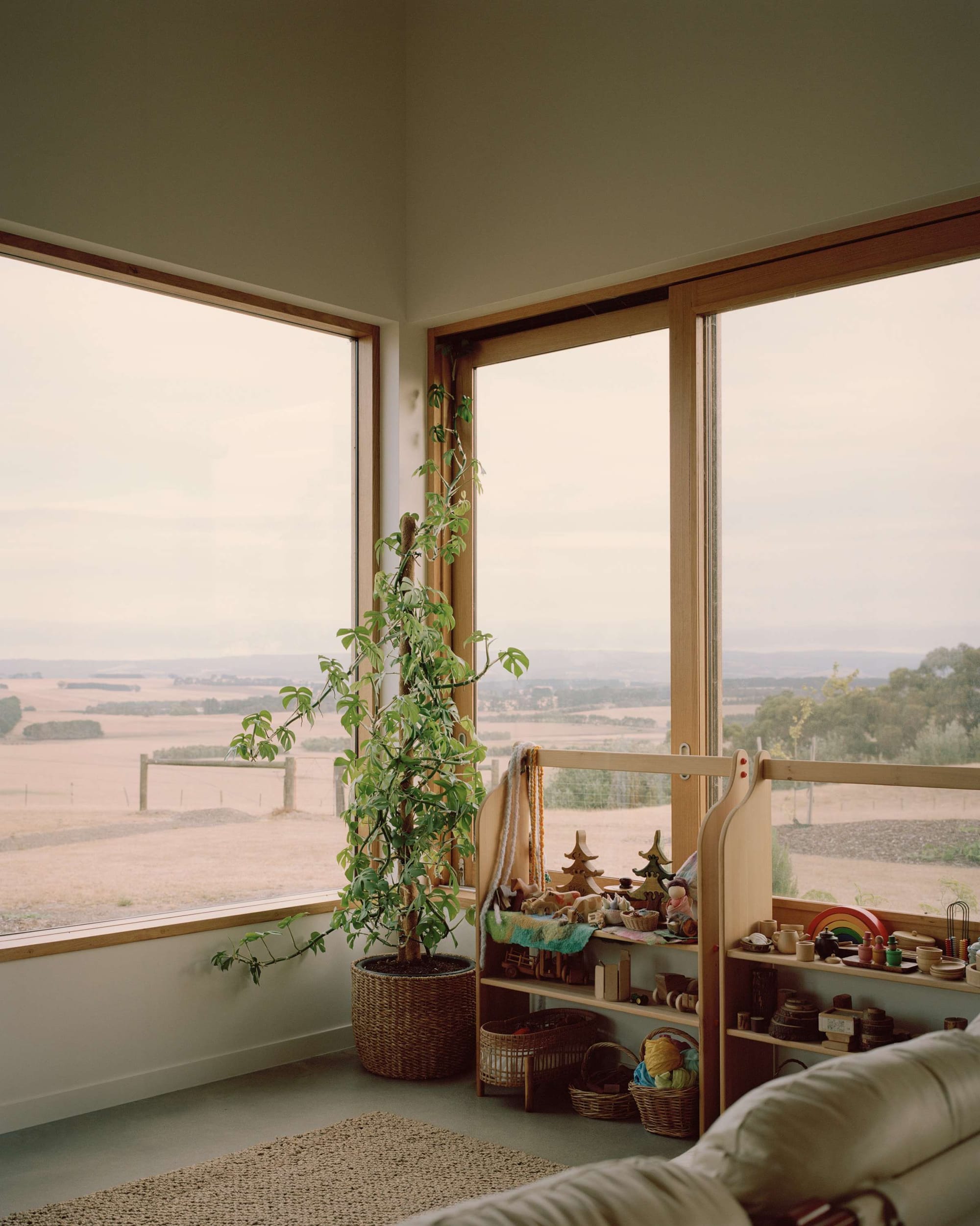 Heather's Off-Grid House by Gardiner Architects. Photography by Rory Gardiner. Corner of living space with potted green plant with polished concrete floor and large timber framed windows overlooking barren paddocks. 