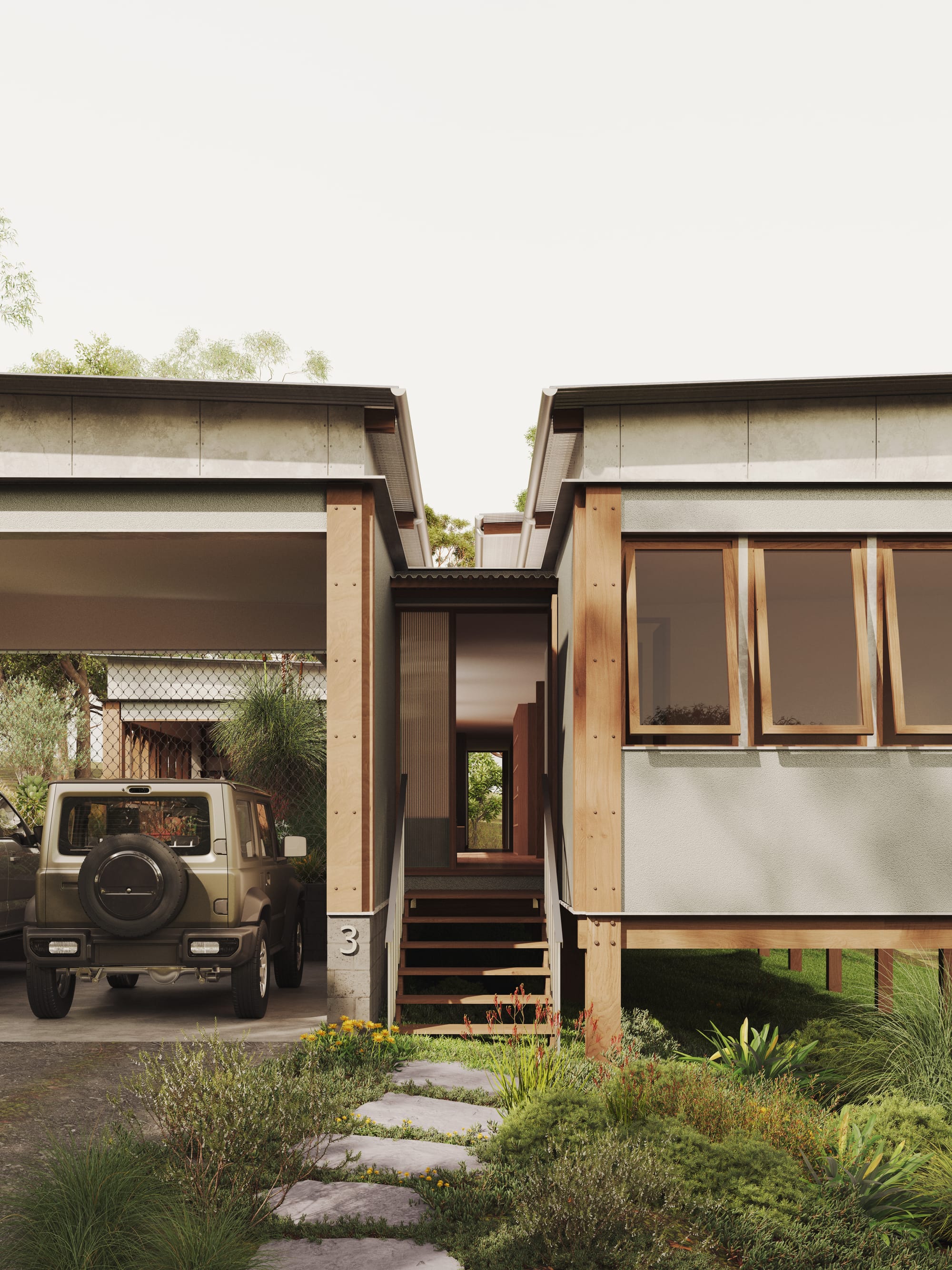 Mulloway House. Renders copyright of CHOIRENDER. Exterior of home on timber stilts with timber pillars and window frames. Car in open driveway. Timber steps leading from stone paver path to front door.