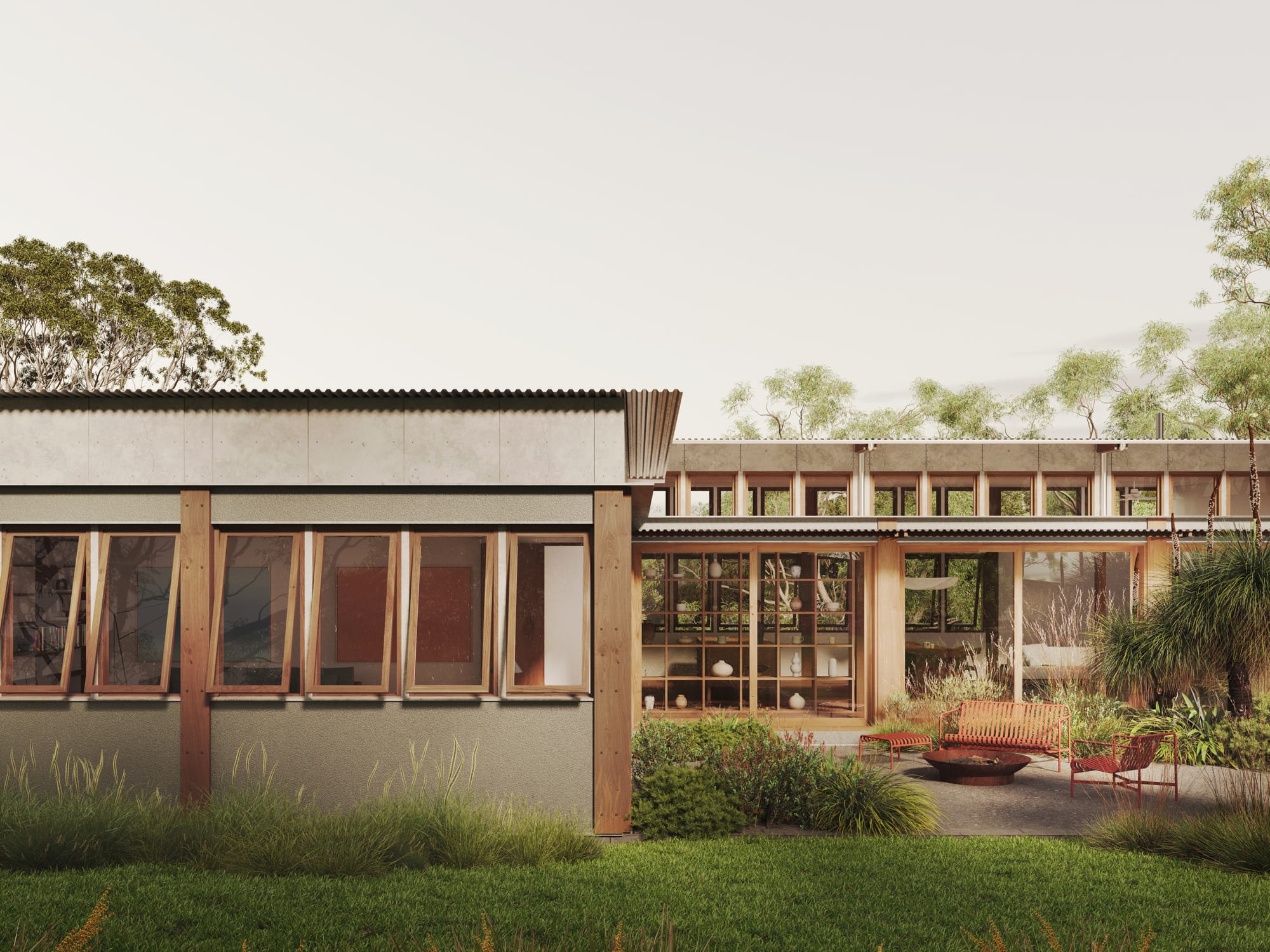 Mulloway House. Renders copyright of CHOIRENDER. Exterior of home with timber details. Circular concrete courtyard to left of main structure.