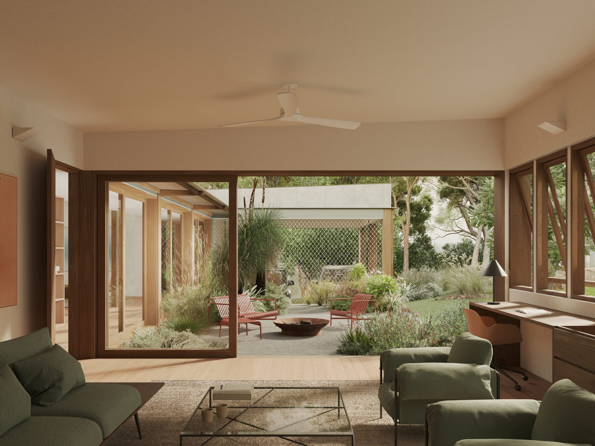 Mulloway House. Renders copyright of CHOIRENDER. Living space with green couches and arm chairs. Full length sliding timber framed doors open onto courtyard with firepit and red outdoor furniture.