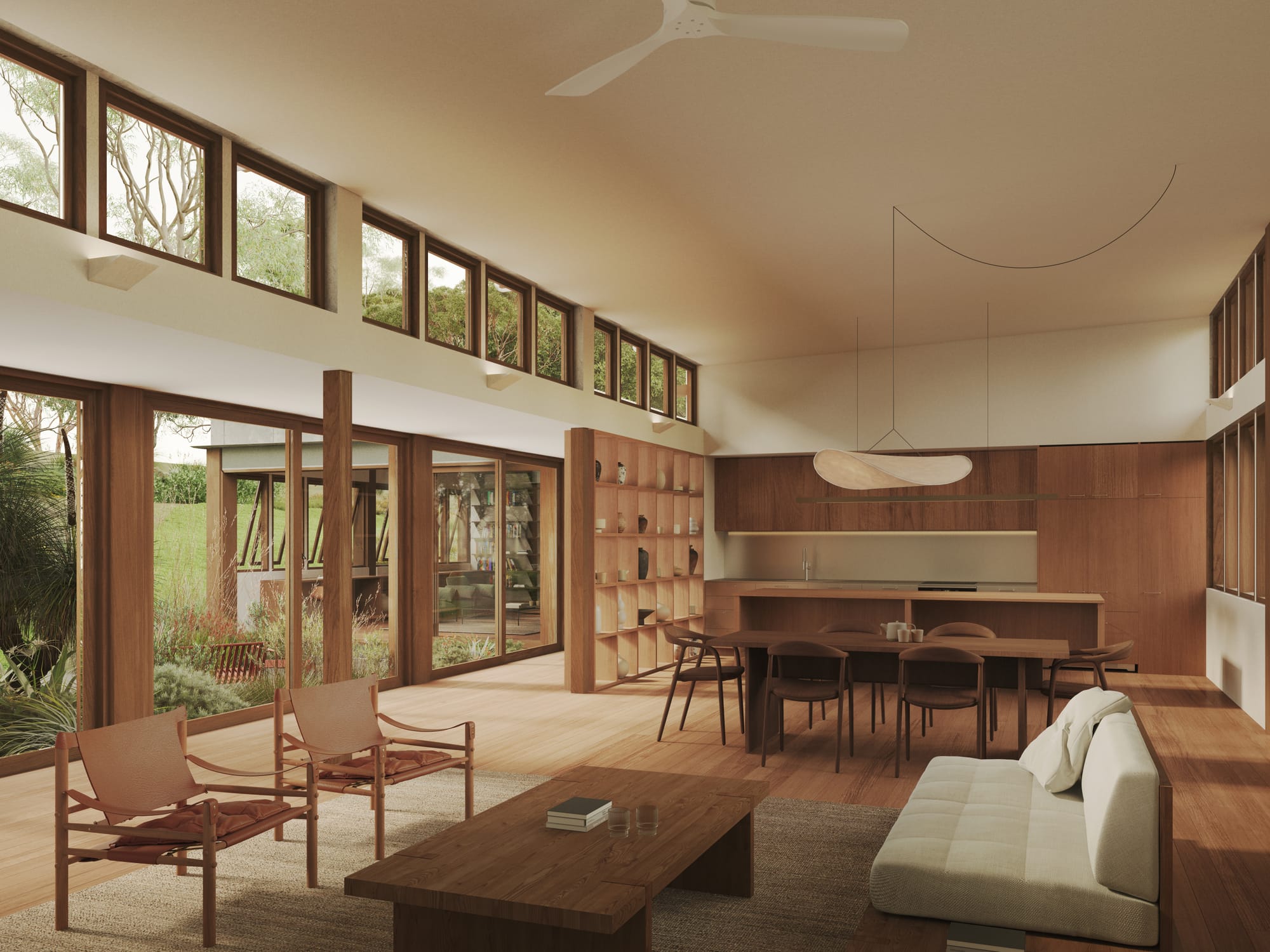 Mulloway House. Renders copyright of CHOIRENDER. Open plan kitchen, living and dining space with timber floors, floors, framed windows and furniture. Windows overlook native garden.