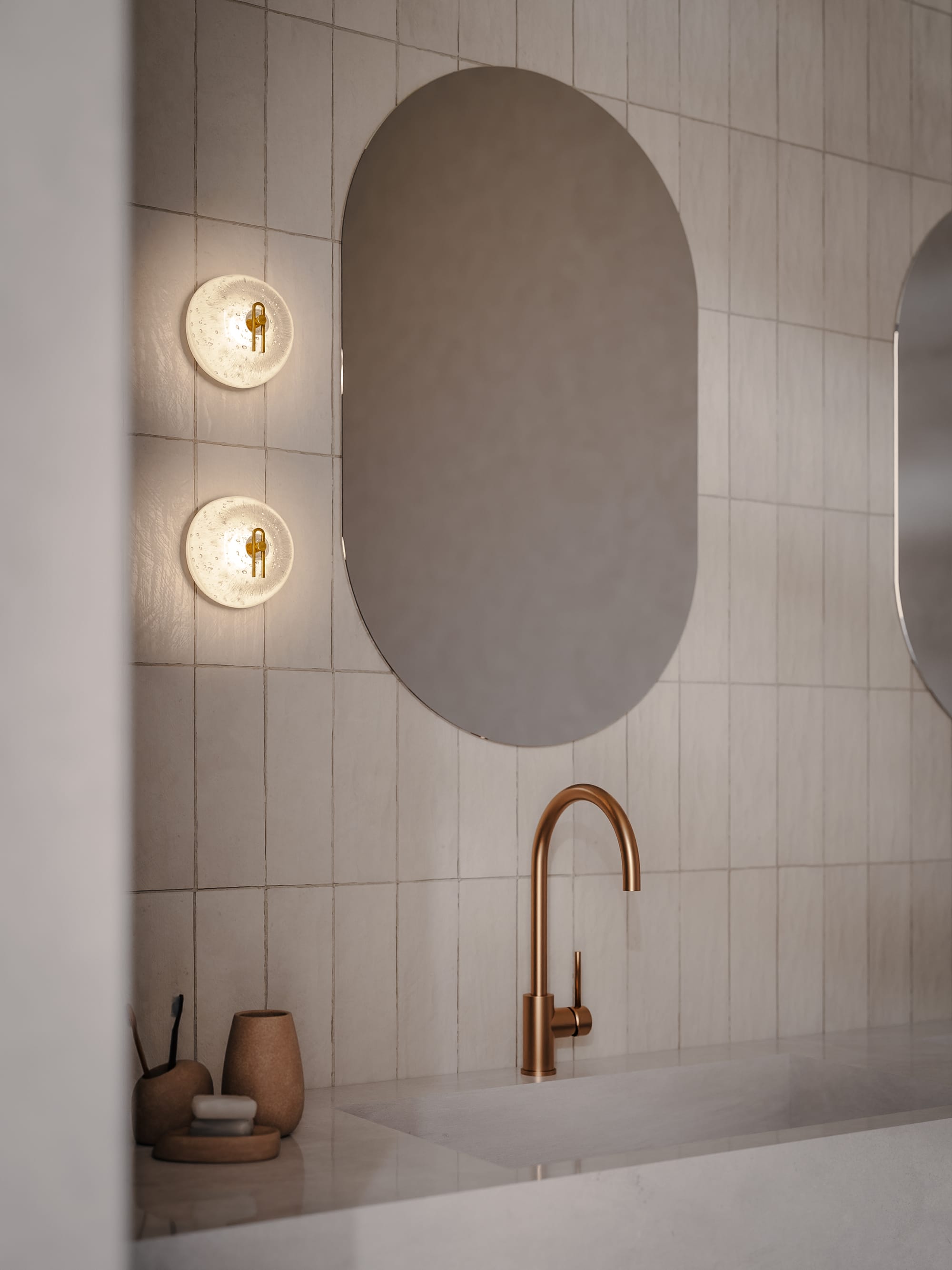 Point Five by South Drawn. Image copyright of South Drawn. Bathroom with white wall tiles and curved mirrors. Two domed warm wall sconces hung next to mirror.