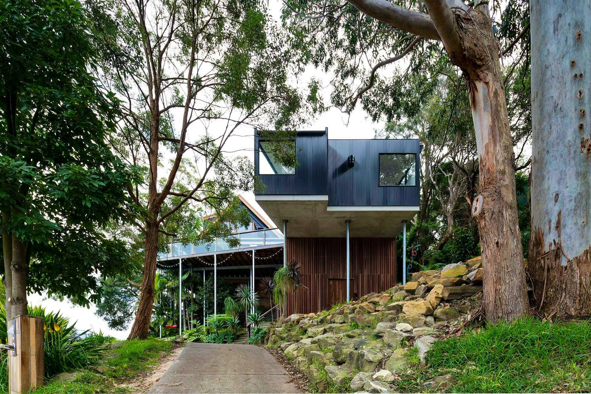 Waine Street by North by North. Photography by Simon Whitbread. Low facade of double storey home on stilts with raw timber clad on ground floor and top floor in black veneer. Tall native gum trees.