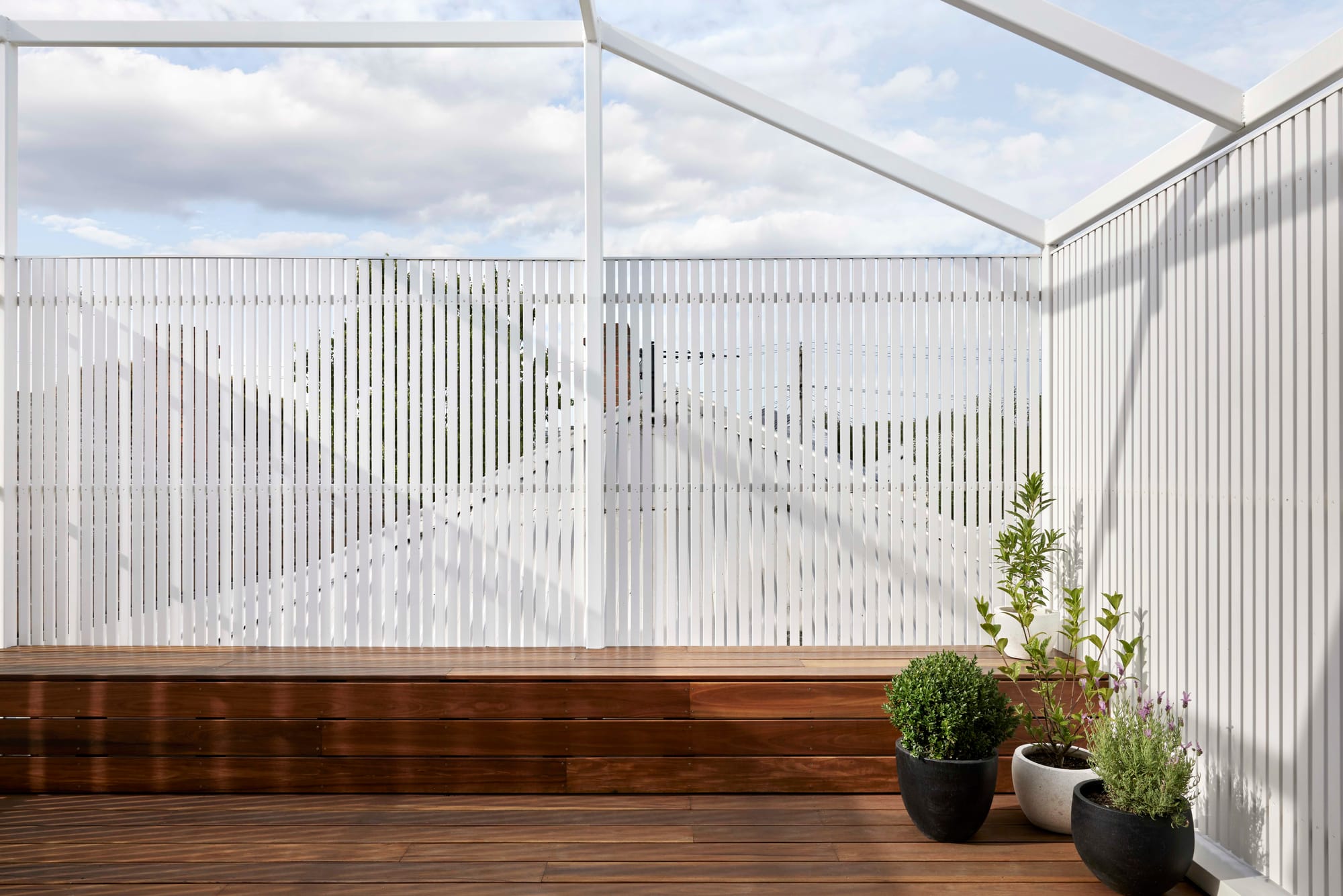 Rosie by Eckersley Architects. Photography by Tess Kelly. Enclosed rooftop terrace with white clad walls and timber flooring and bench. 