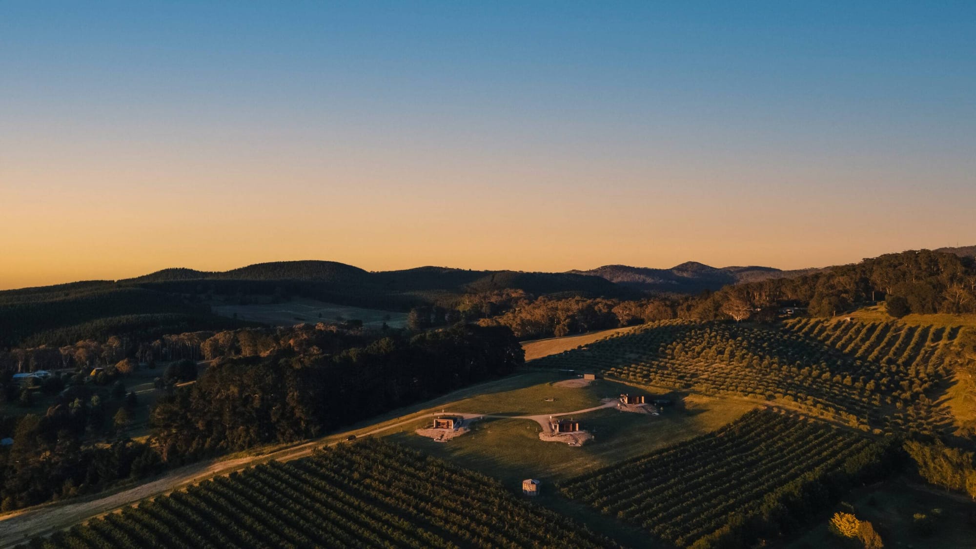 Basalt Luxury Accommodation drone shot of the property surrounded by cherry trees