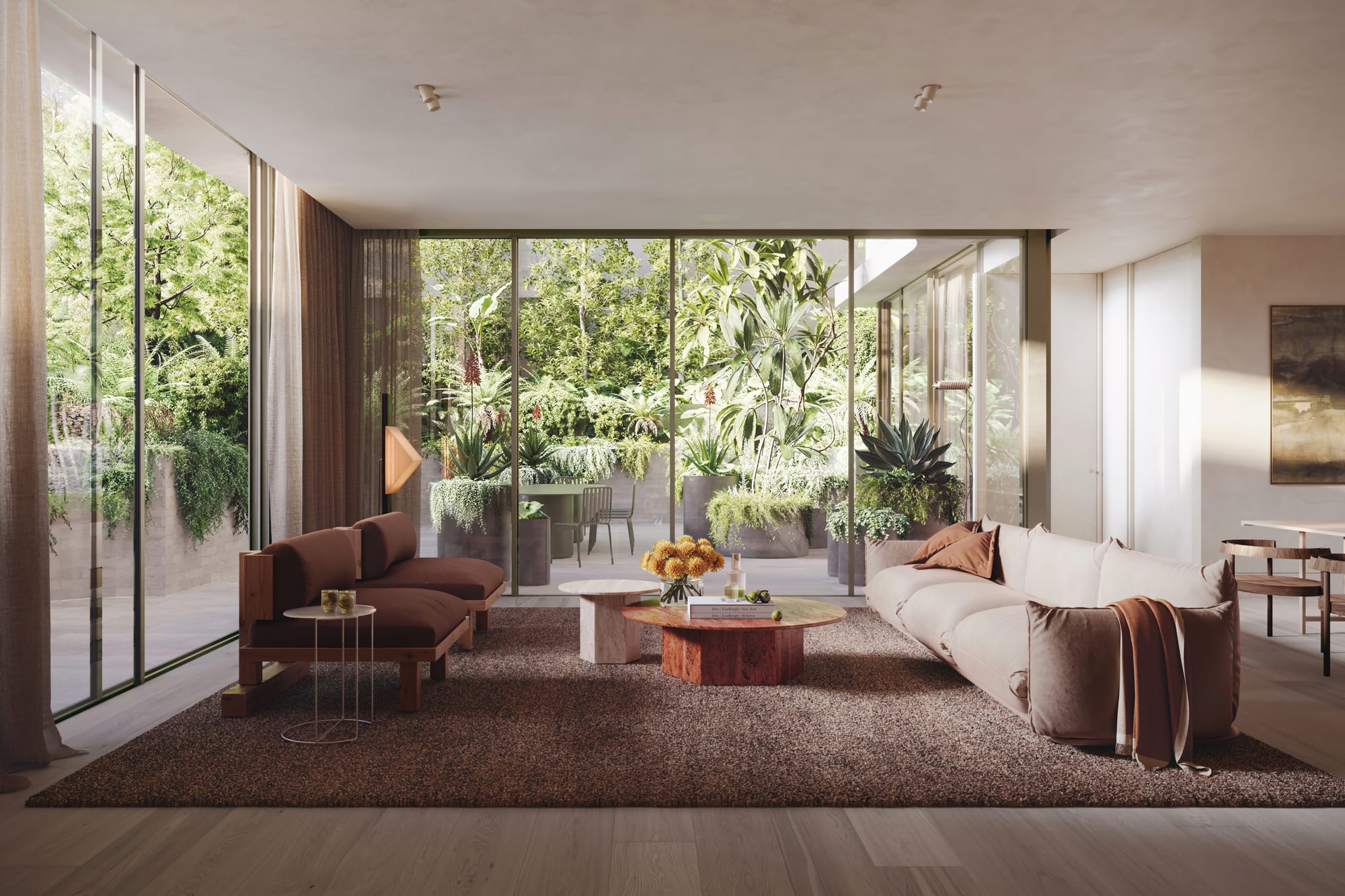 Fernhurst by ANGLE. Living room featuring seating area with floor to ceiling windows and view to gardens.