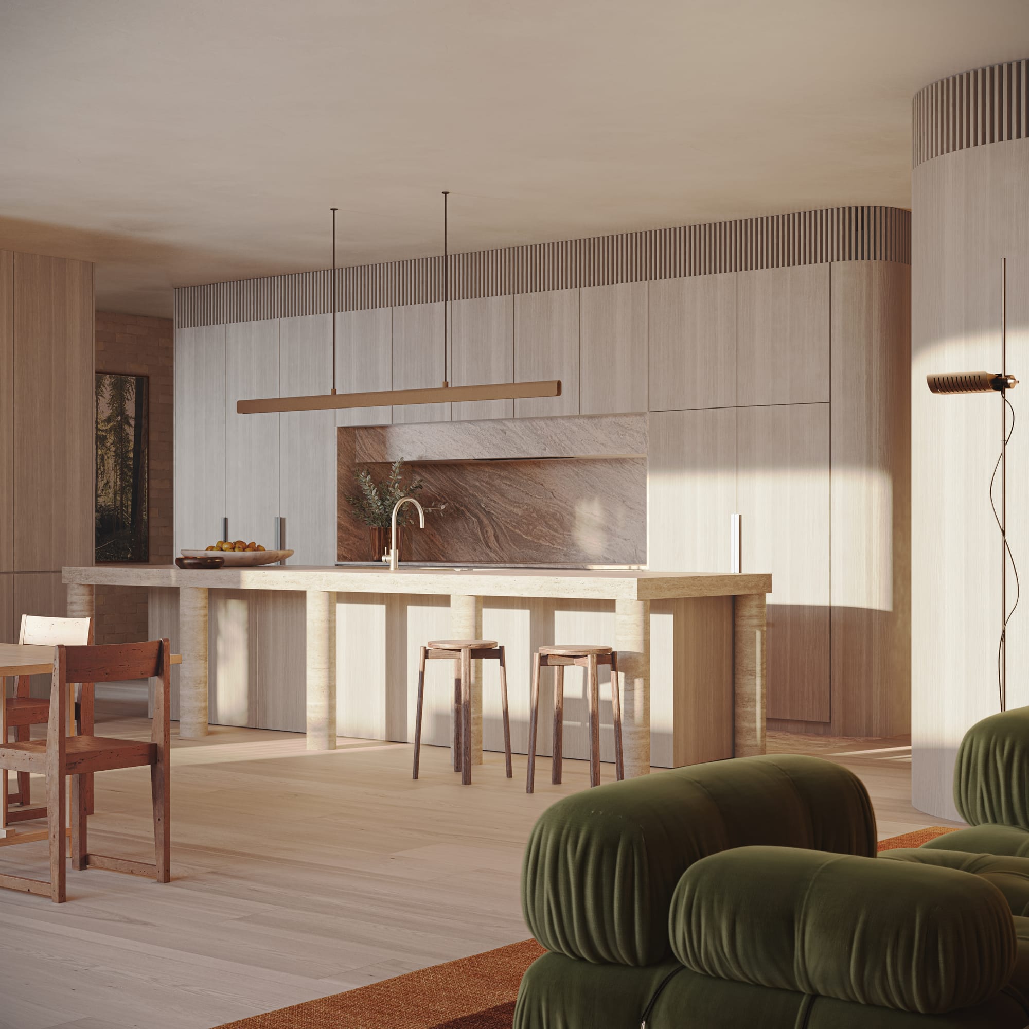 Fernhurst by ANGLE. View to kitchen area featuring sandstone kitchen island and wooden fitted cabinets.