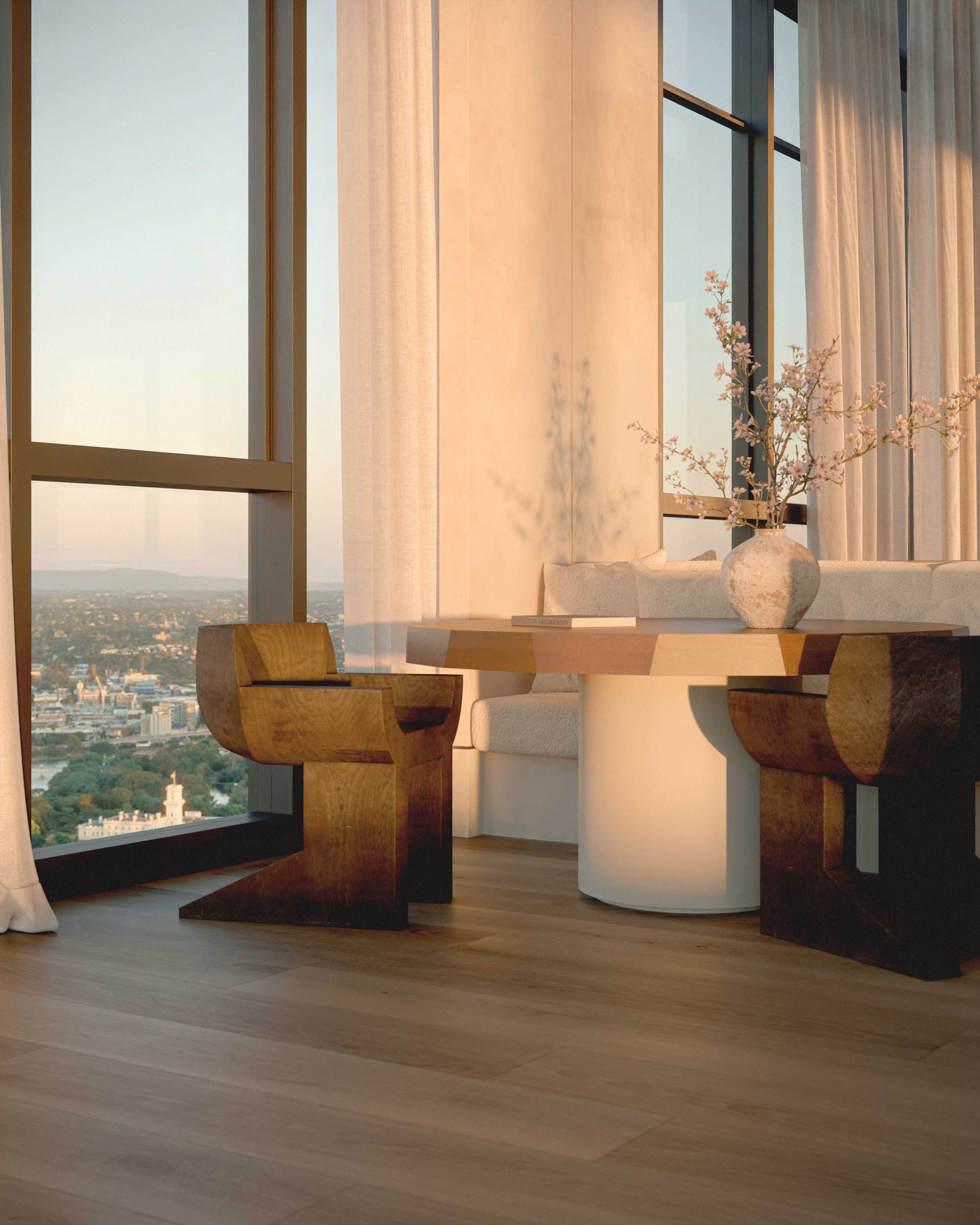 BLVD Penthouse by David Hicks. Seating area with customised wooden chairs and floor to ceiling windows with view on city.