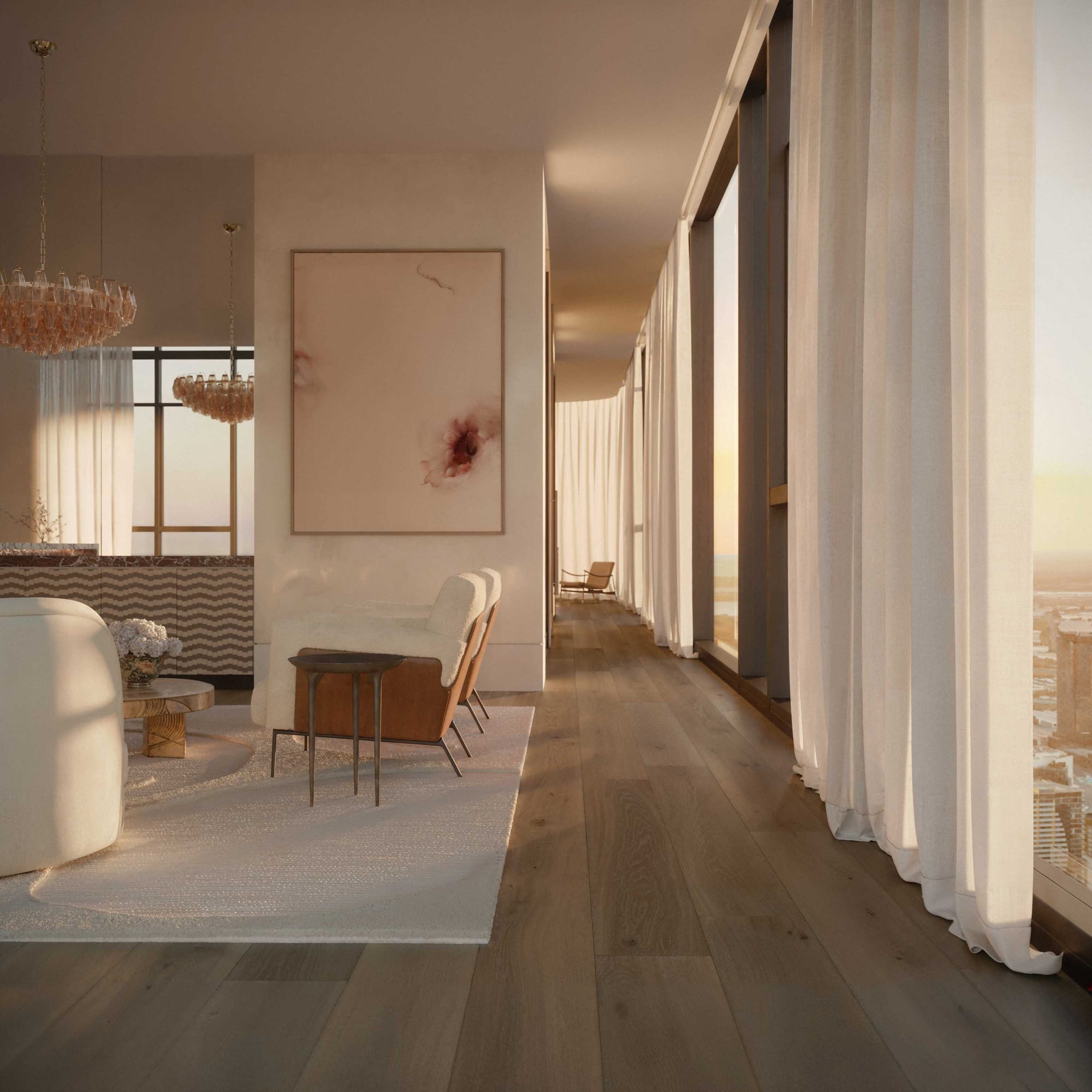 BLVD Penthouse by David Hicks. Luxury living room with view to hallway featuring floor to ceiling windows.