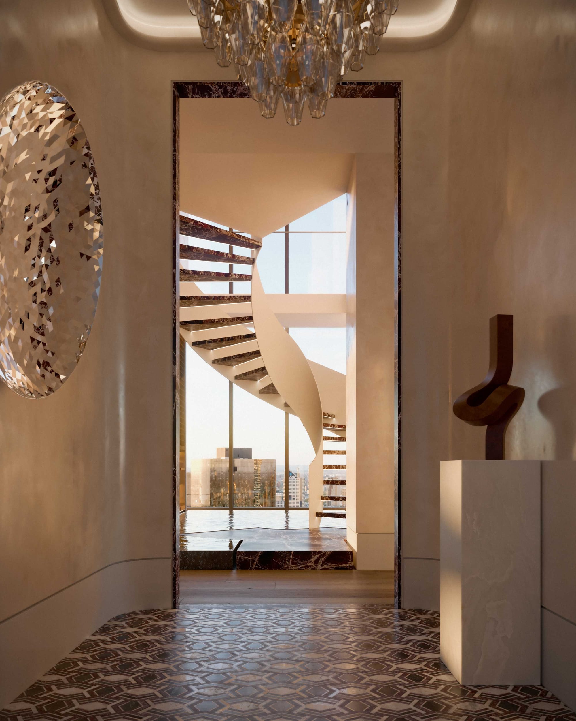 BLVD Penthouse by David Hicks. White sculptural staircase framed by a marble arch, appearing to float above water, complemented by a nearby glazed wine cellar in polished brass.