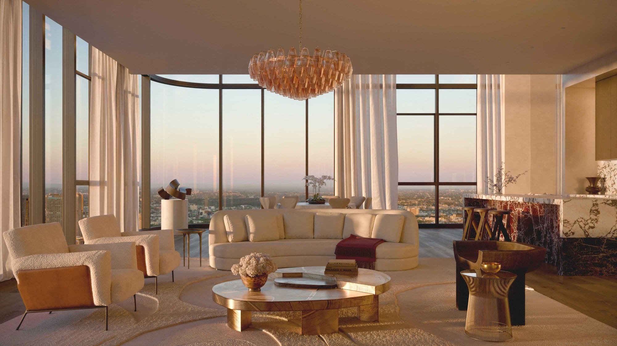 BLVD Penthouse by David Hicks. Luxury Living room with white pouf sofa, armchairs and modern glas chandelier with view on city.