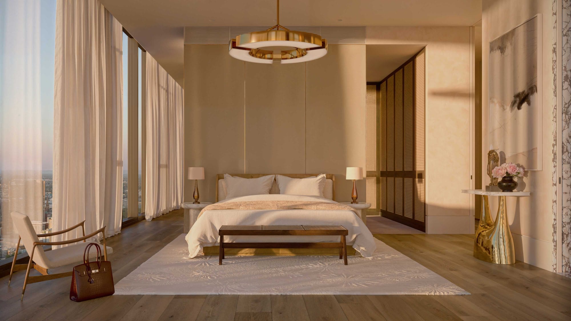 BLVD Penthouse by David Hicks. Luxury Bedroom featuring floor to ceiling windows and natural light.