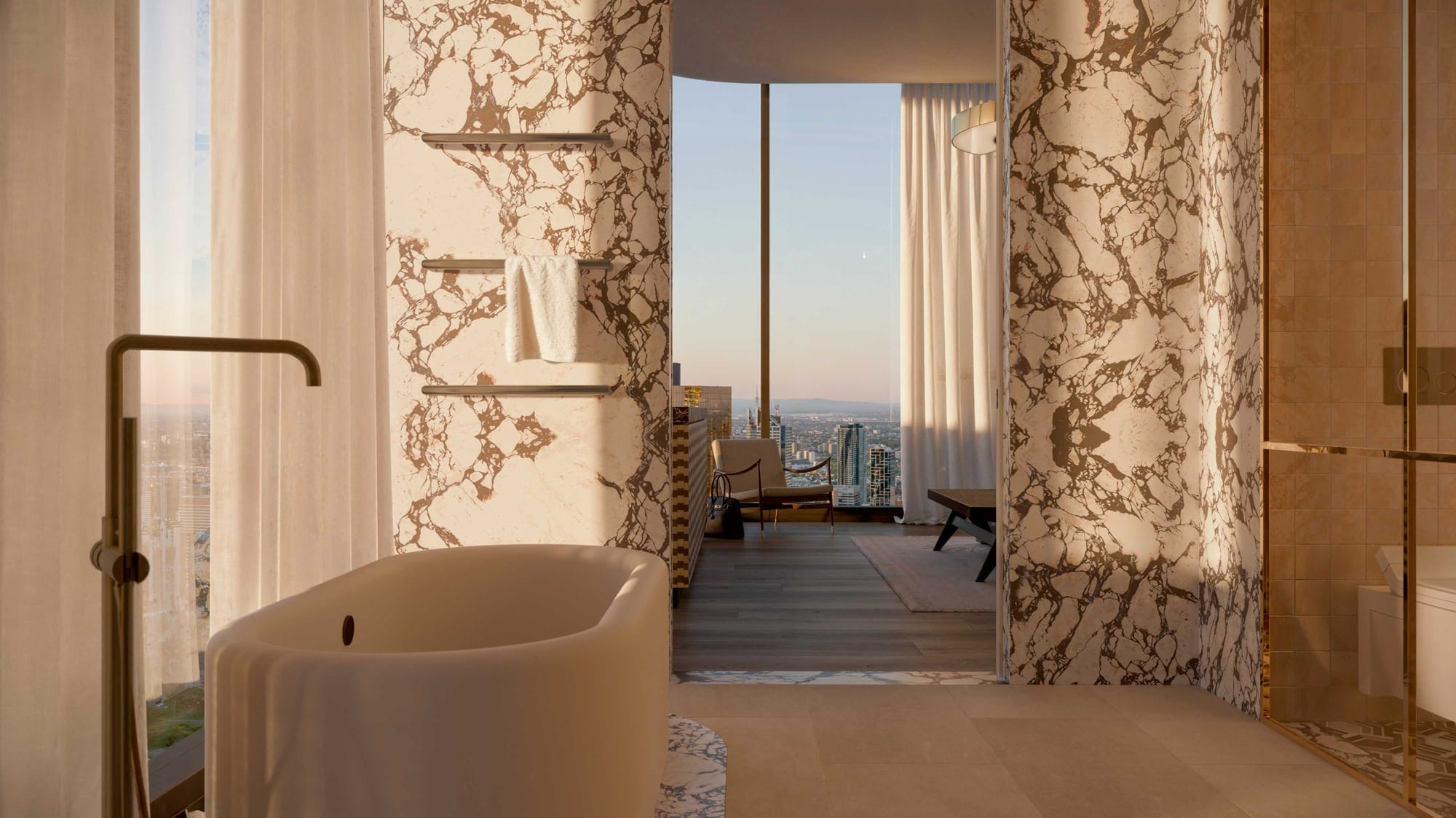 BLVD Penthouse by David Hicks. Luxury marble bathroom with view to bedroom featuring floor to ceiling windows and view on Melbourne.