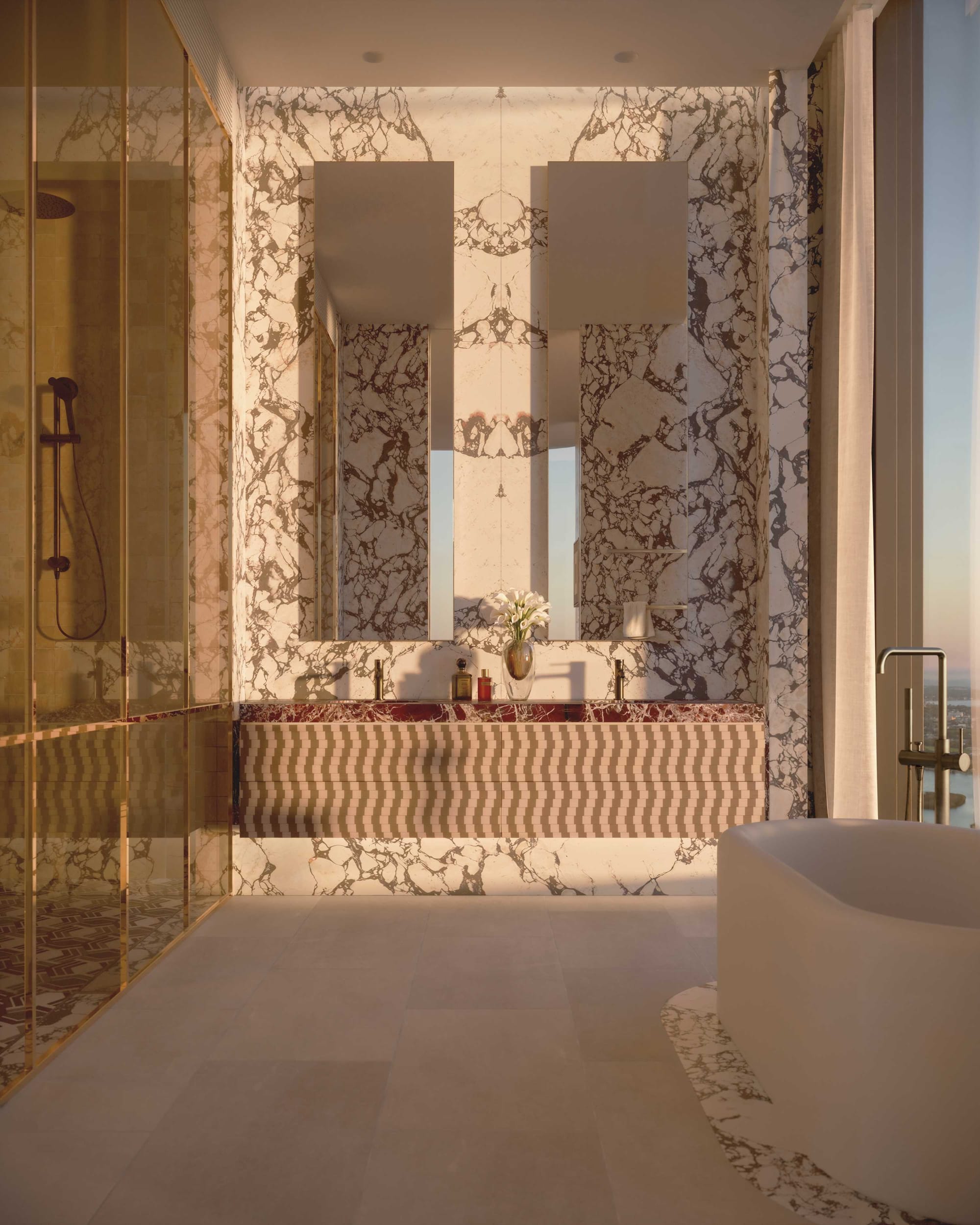 BLVD Penthouse by David Hicks. Luxury marble bathroom featuring free standing bathtub and floor to ceiling windows with view on coastline.