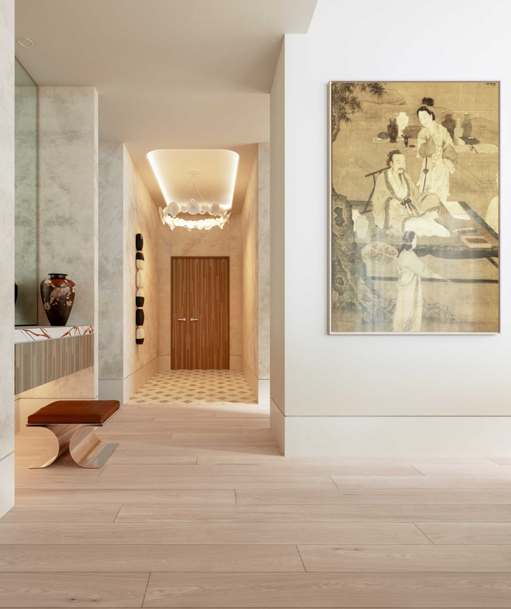 BLVD Penthouse by David Hicks. Entrance area featuring chandelier, white marble walls and Japanese art.