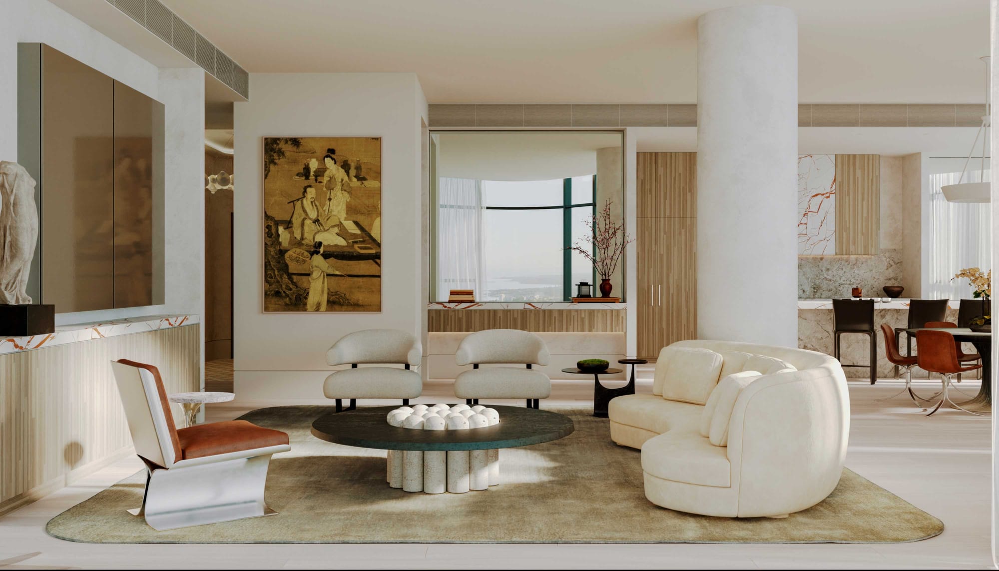 BLVD Penthouse by David Hicks. Luxury living room with natural light featuring white pouf sofa, luxury coffee table and view to coastline.