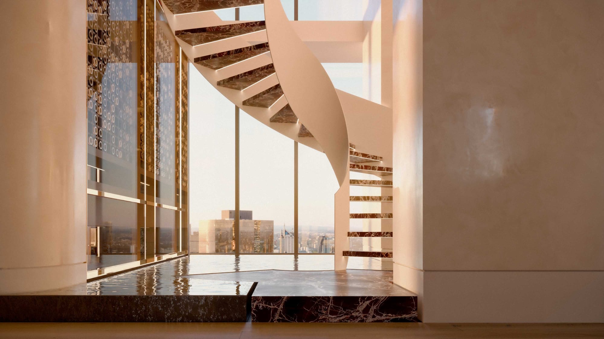 BLVD Penthouse by David Hicks. White sculptural staircase framed by a marble arch, appearing to float above water, complemented by a nearby glazed wine cellar in polished brass.