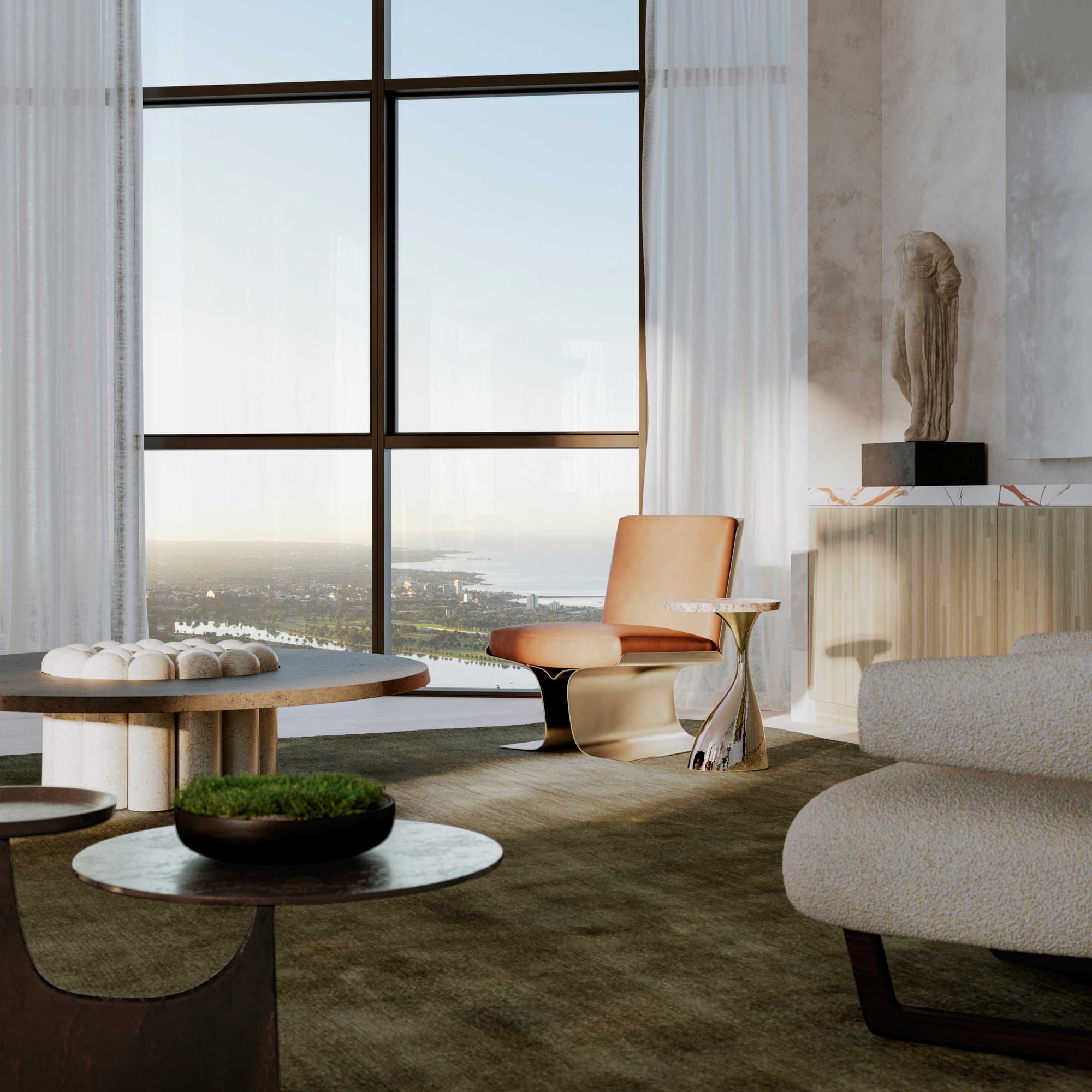 BLVD Penthouse by David Hicks. Luxury living room featuring floor to ceiling windows with view to coastline.