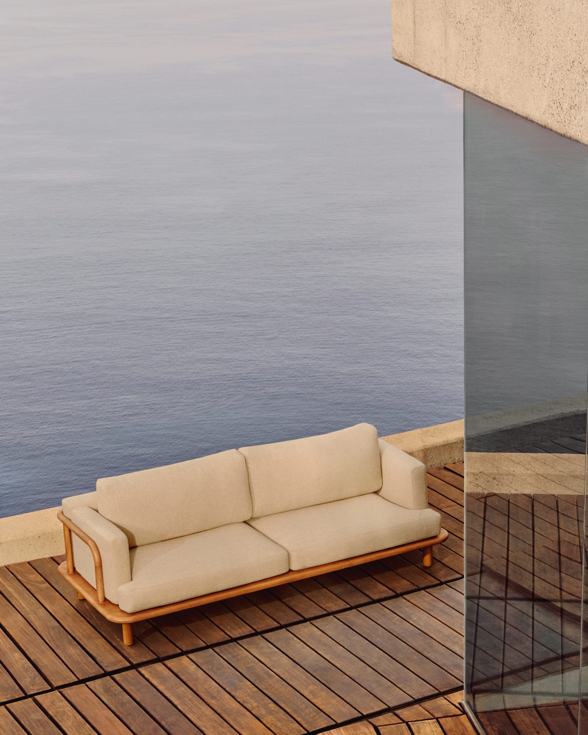 Turquetta by Kave Home. Curved teak wood outdoor sofa featuring beige accent fabric, modern architecture and ocean view.