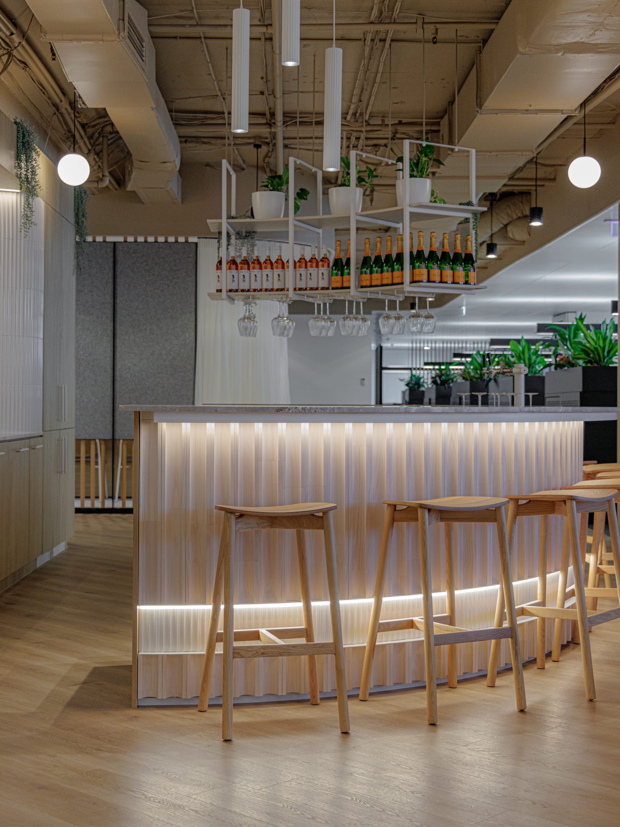 St Leonards Centuria Office Fit-Out by Alinea. View to customised, round reception desk and office lounge area featuring suspended ceiling.