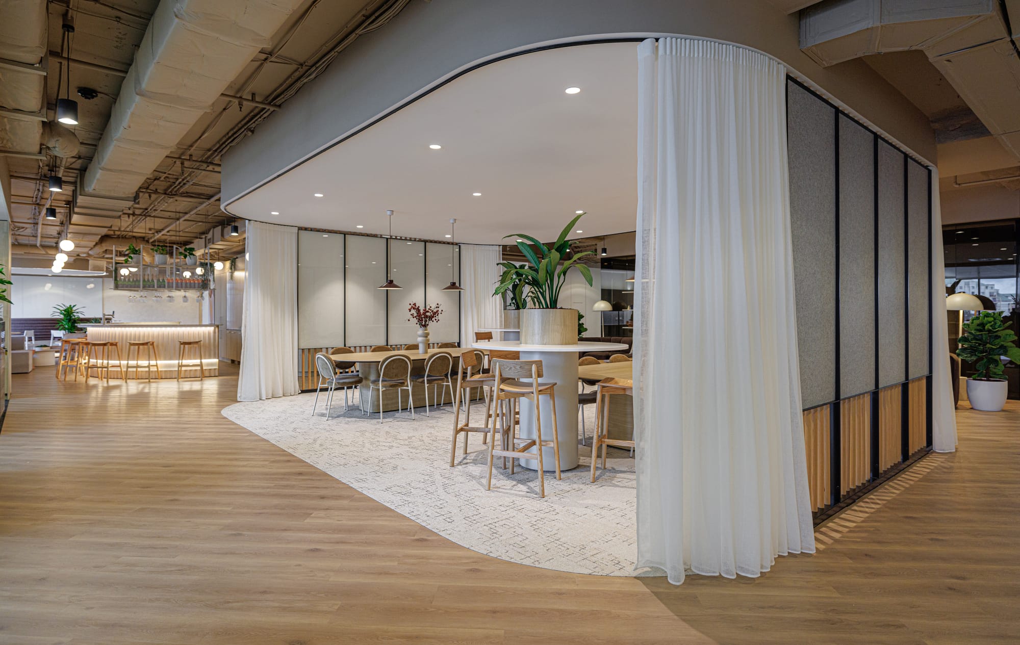 St Leonards Centuria Office Fit-Out by Alinea. View to panellable office kitchen section featuring different seating areas.